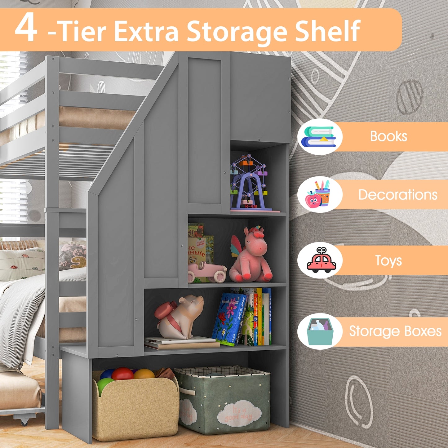 Home Wood Bunk Bed with Guard Rail and 4-step Storage Stairs No Box Spring Needed-Gray Kids Crystal