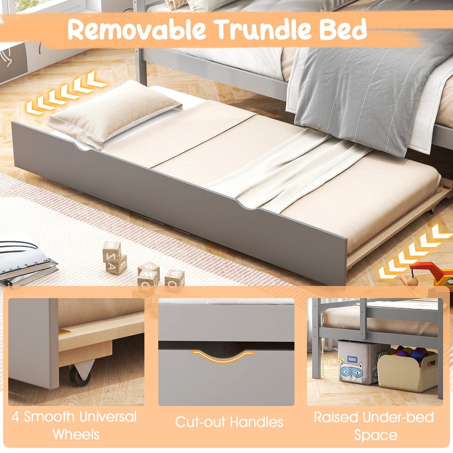 Home Wood Bunk Bed with Guard Rail and 4-step Storage Stairs No Box Spring Needed-Gray Kids Crystal