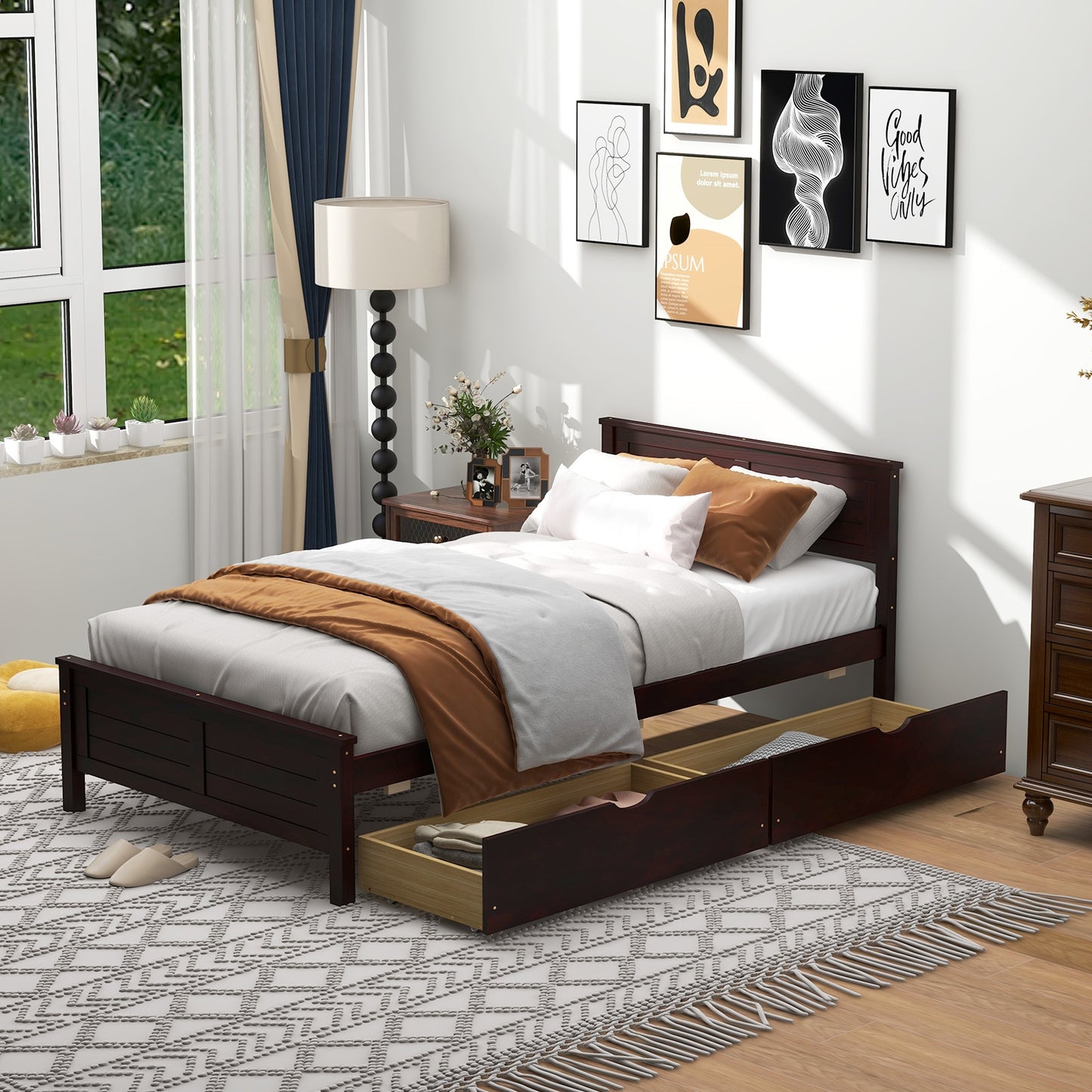 Twin Size Bed Frame with Storage Drawers-Espresso Kids Crystal