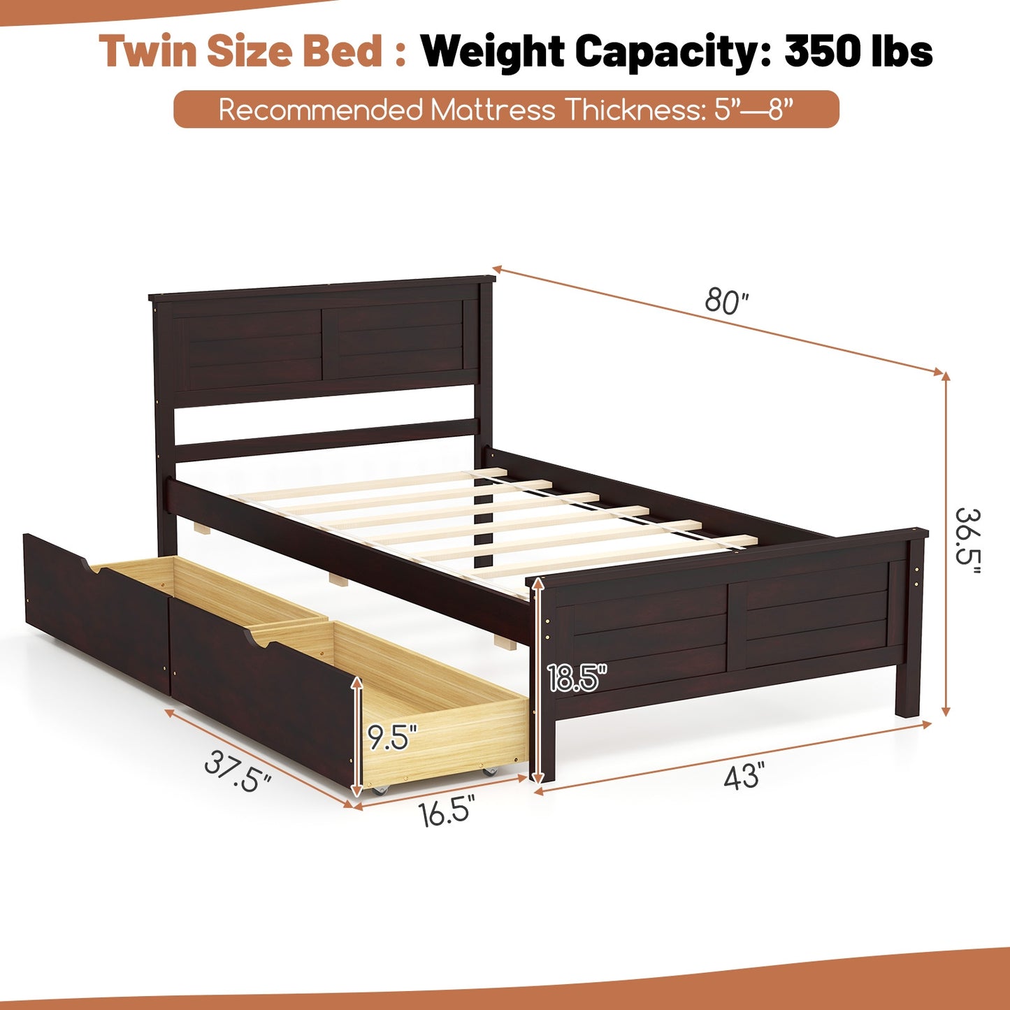 Twin Size Bed Frame with Storage Drawers-Espresso Kids Crystal
