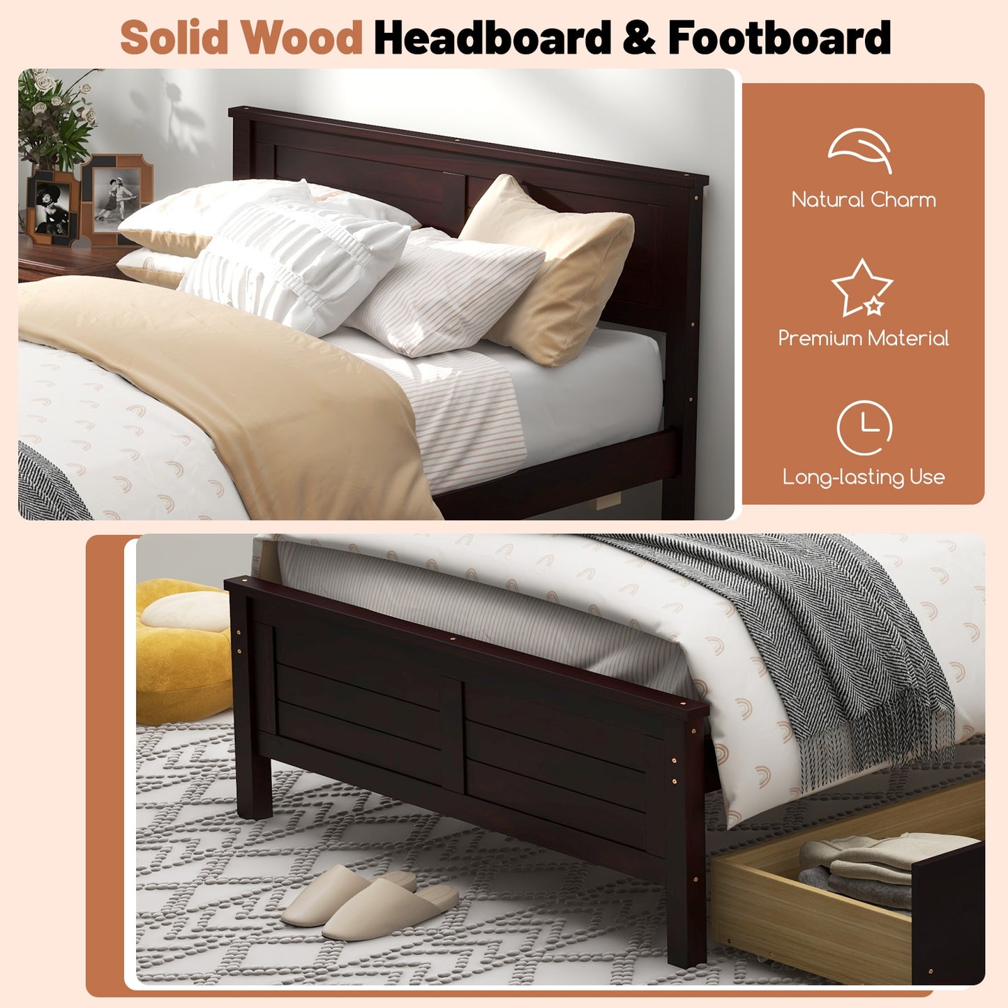 Twin Size Bed Frame with Storage Drawers-Espresso Kids Crystal