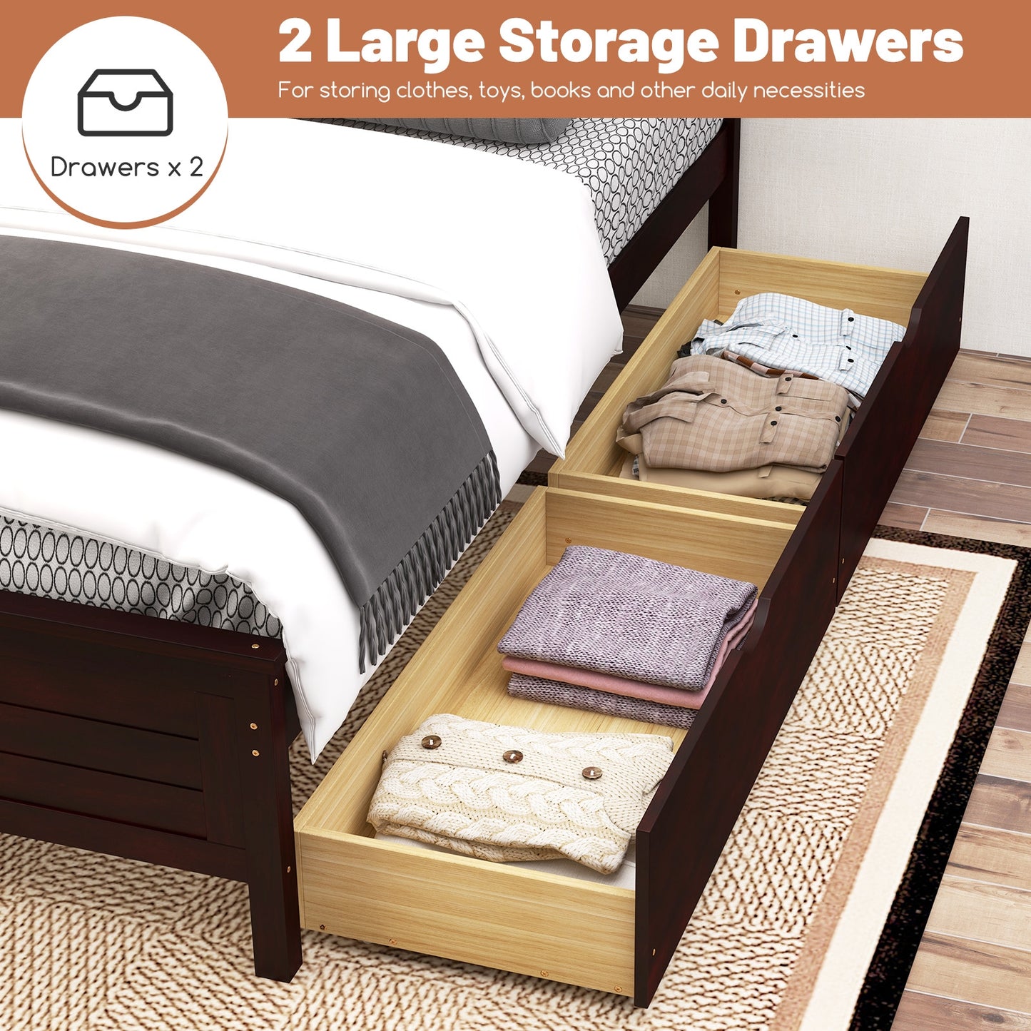 Twin Size Bed Frame with Storage Drawers-Espresso Kids Crystal