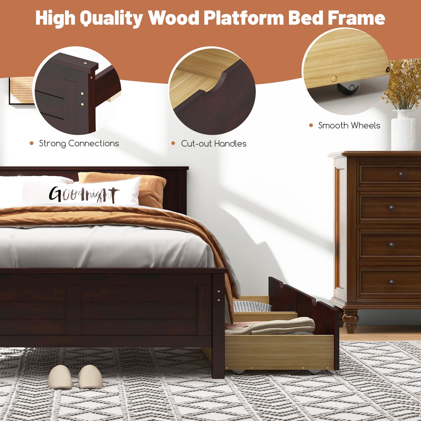 Twin Size Bed Frame with Storage Drawers-Espresso Kids Crystal