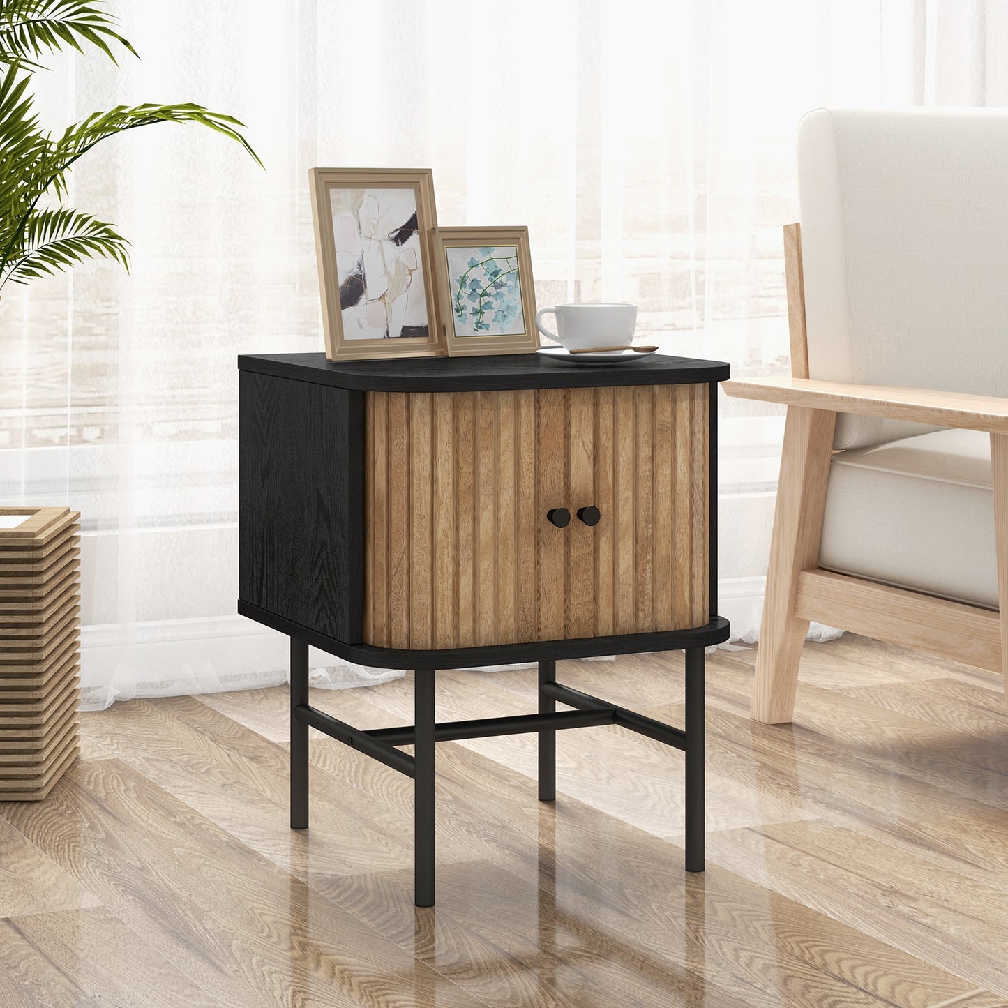 Mid-century Modern Nightstand with Sliding Doors and Storage Cabinet-Black Kids Crystal