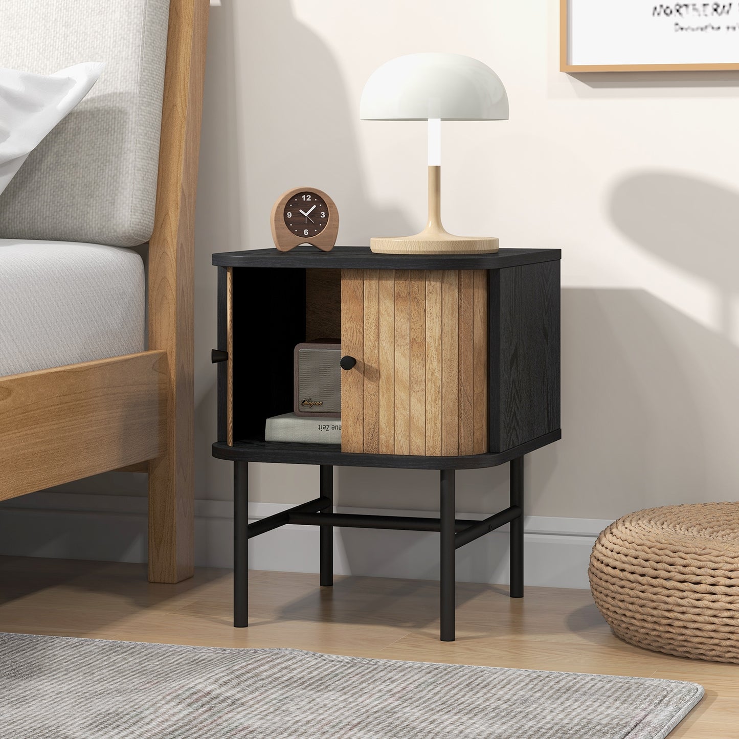 Mid-century Modern Nightstand with Sliding Doors and Storage Cabinet-Black Kids Crystal