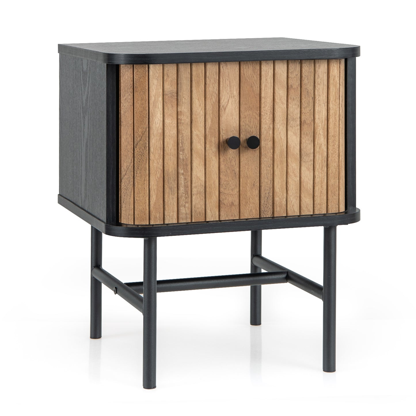 Mid-century Modern Nightstand with Sliding Doors and Storage Cabinet-Black Kids Crystal