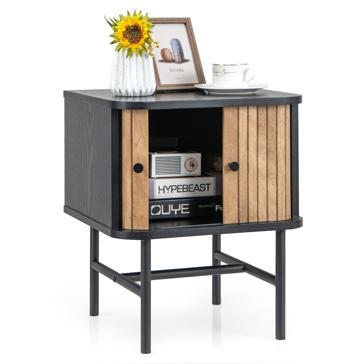 Mid-century Modern Nightstand with Sliding Doors and Storage Cabinet-Black Kids Crystal