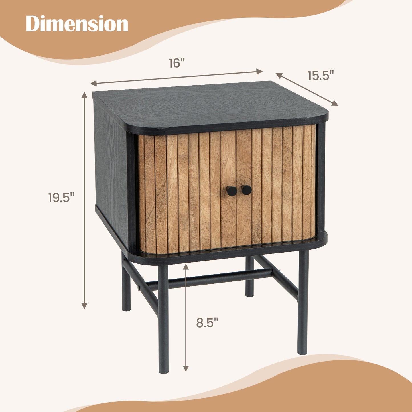 Mid-century Modern Nightstand with Sliding Doors and Storage Cabinet-Black Kids Crystal