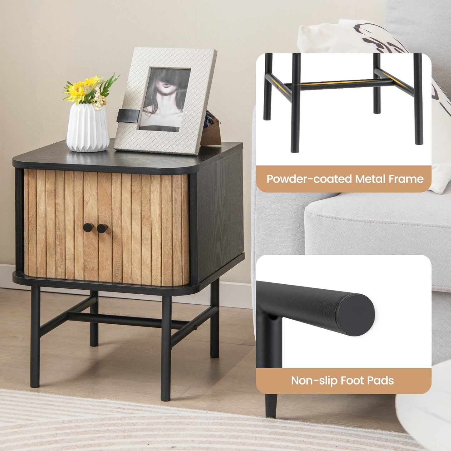 Mid-century Modern Nightstand with Sliding Doors and Storage Cabinet-Black Kids Crystal