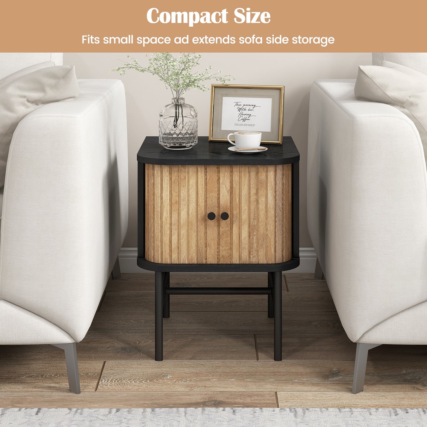 Mid-century Modern Nightstand with Sliding Doors and Storage Cabinet-Black Kids Crystal