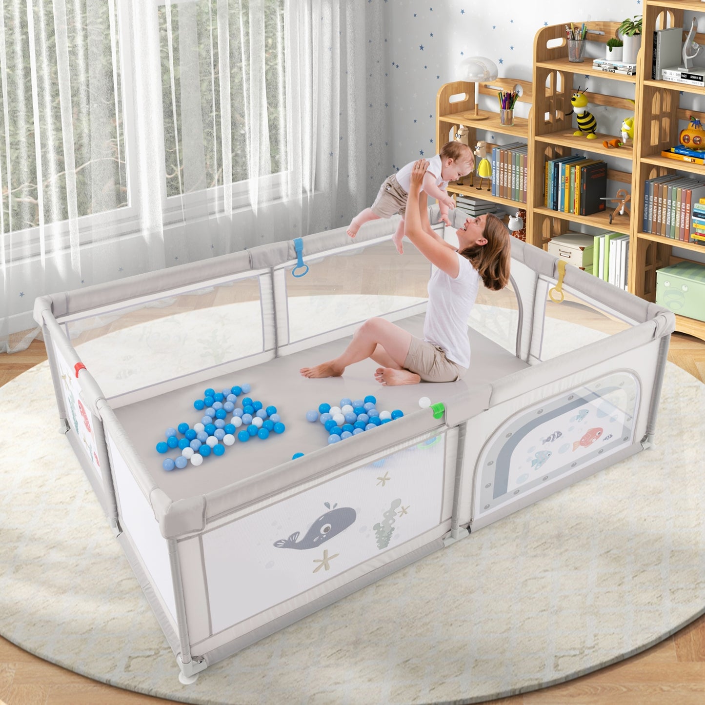 Large Baby Playpen with Pull Rings Ocean Balls and Cute Pattern-Whale Kids Crystal