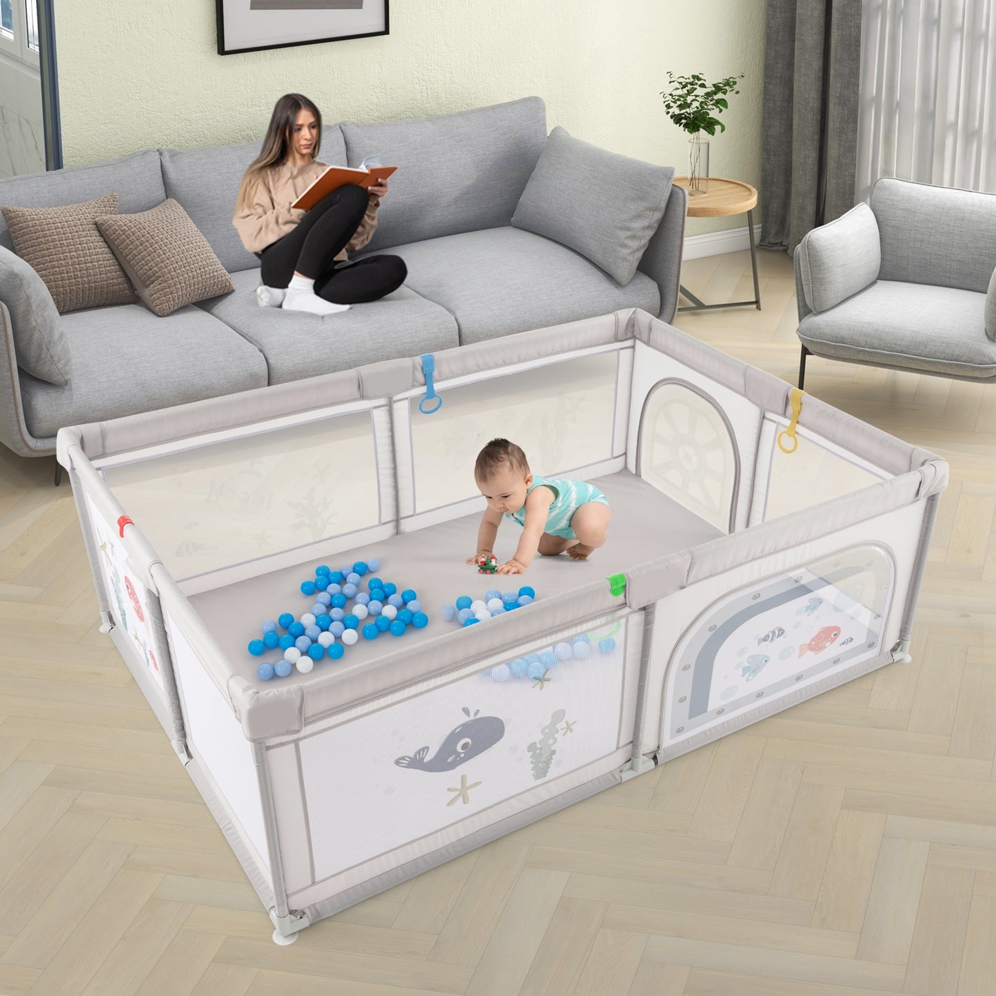 Large Baby Playpen with Pull Rings Ocean Balls and Cute Pattern-Whale Kids Crystal