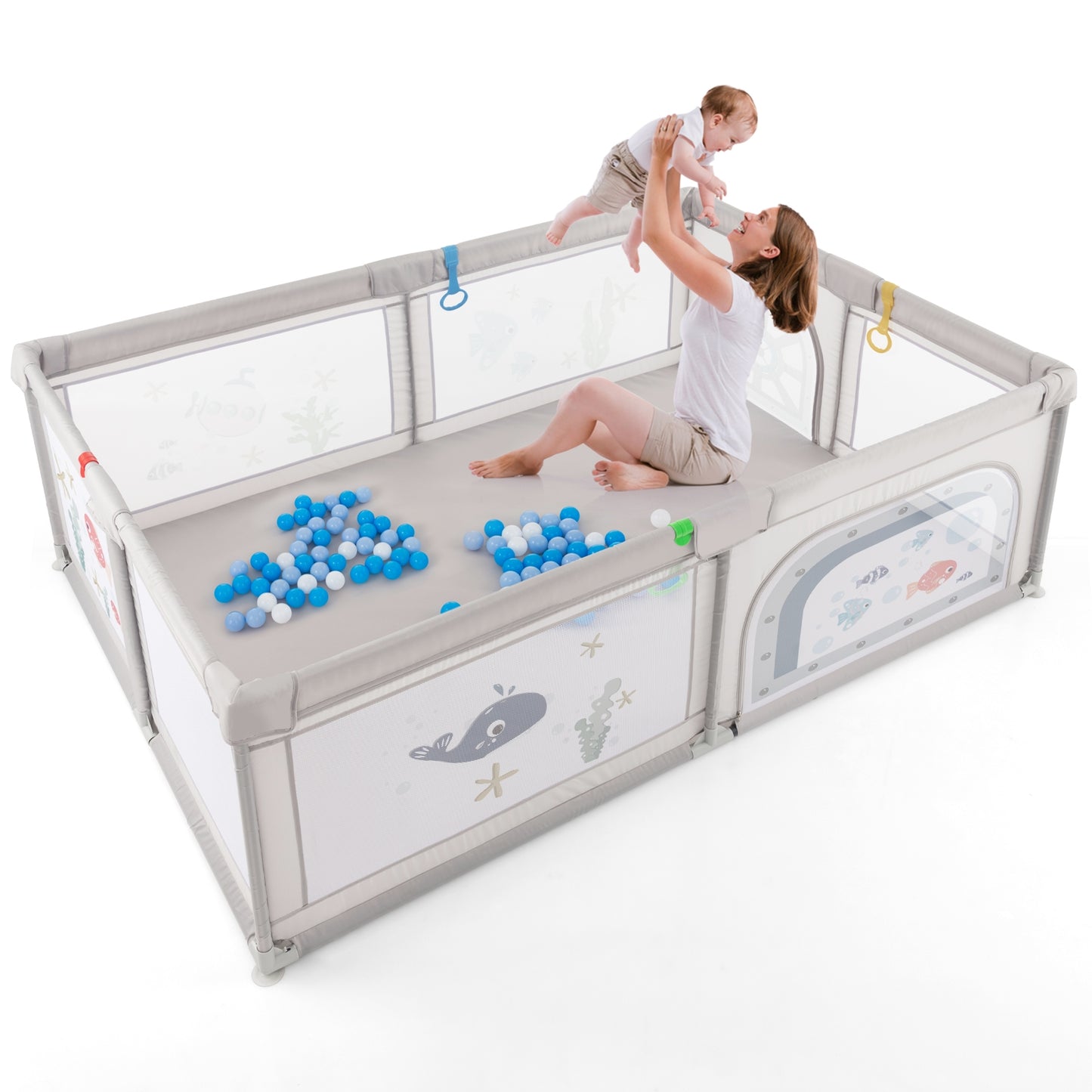 Large Baby Playpen with Pull Rings Ocean Balls and Cute Pattern-Whale Kids Crystal
