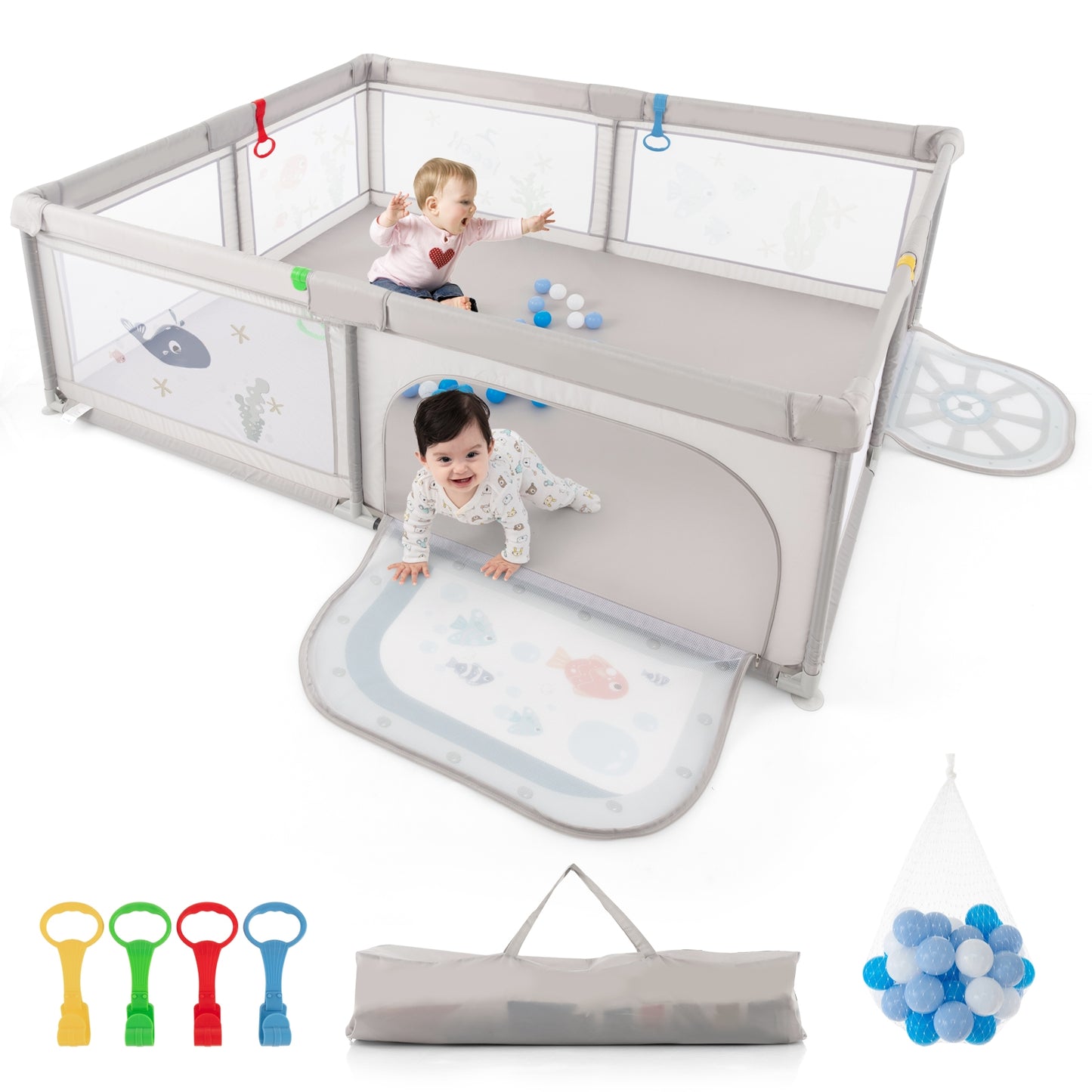 Large Baby Playpen with Pull Rings Ocean Balls and Cute Pattern-Whale Kids Crystal