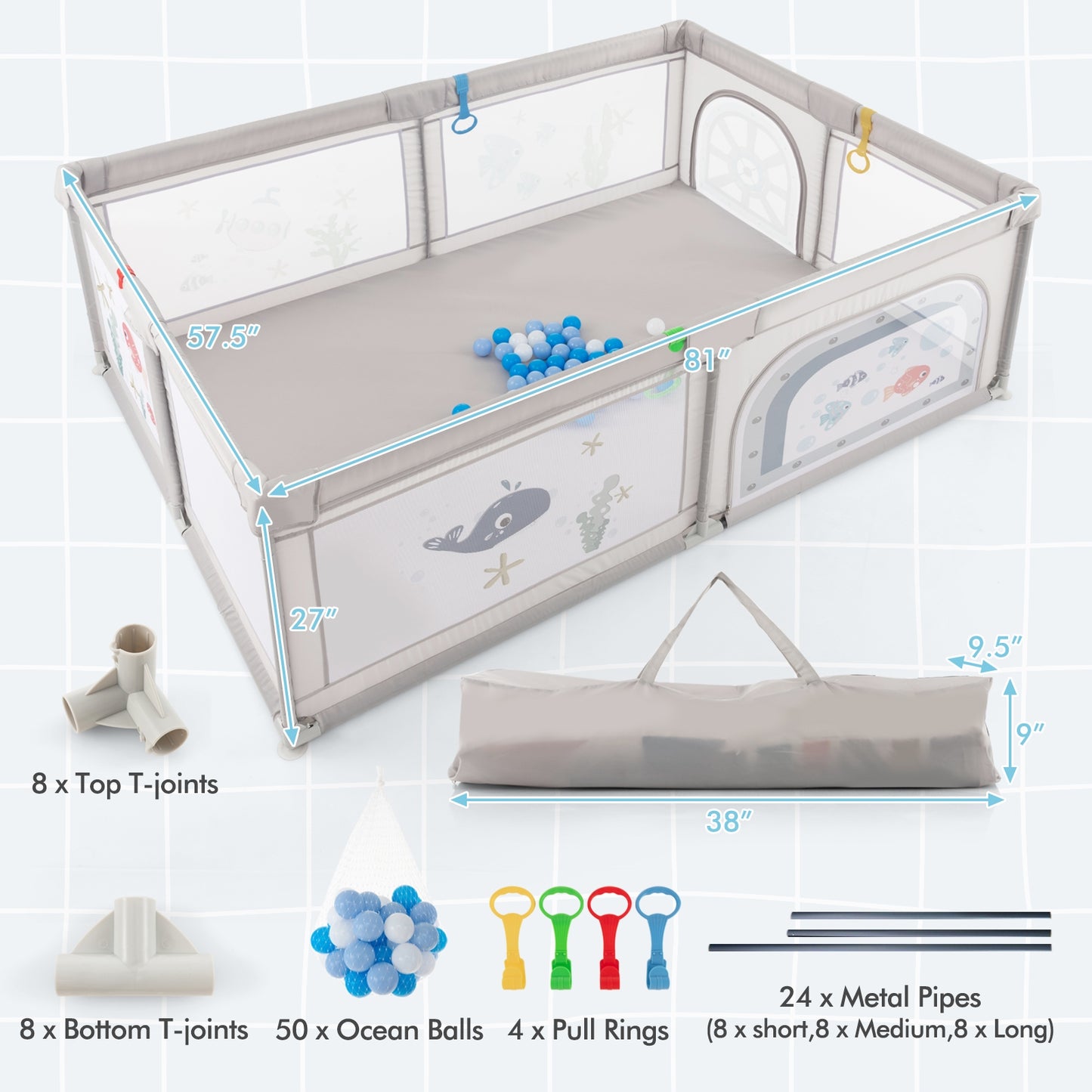 Large Baby Playpen with Pull Rings Ocean Balls and Cute Pattern-Whale Kids Crystal