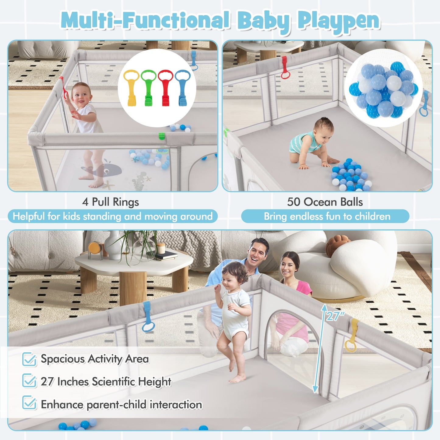 Large Baby Playpen with Pull Rings Ocean Balls and Cute Pattern-Whale Kids Crystal