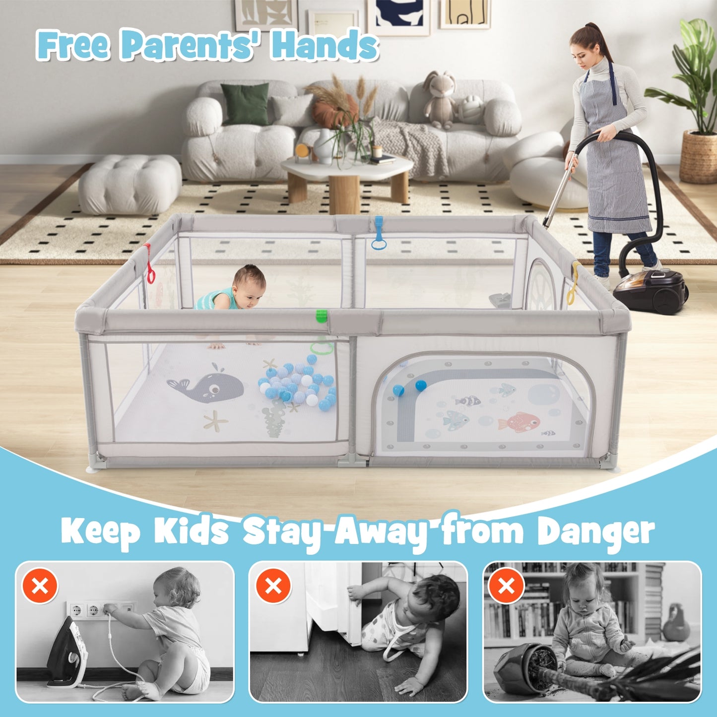 Large Baby Playpen with Pull Rings Ocean Balls and Cute Pattern-Whale Kids Crystal