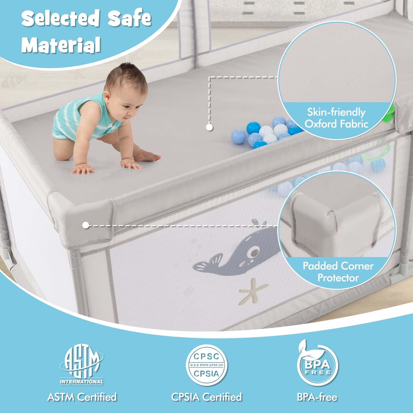 Large Baby Playpen with Pull Rings Ocean Balls and Cute Pattern-Whale Kids Crystal