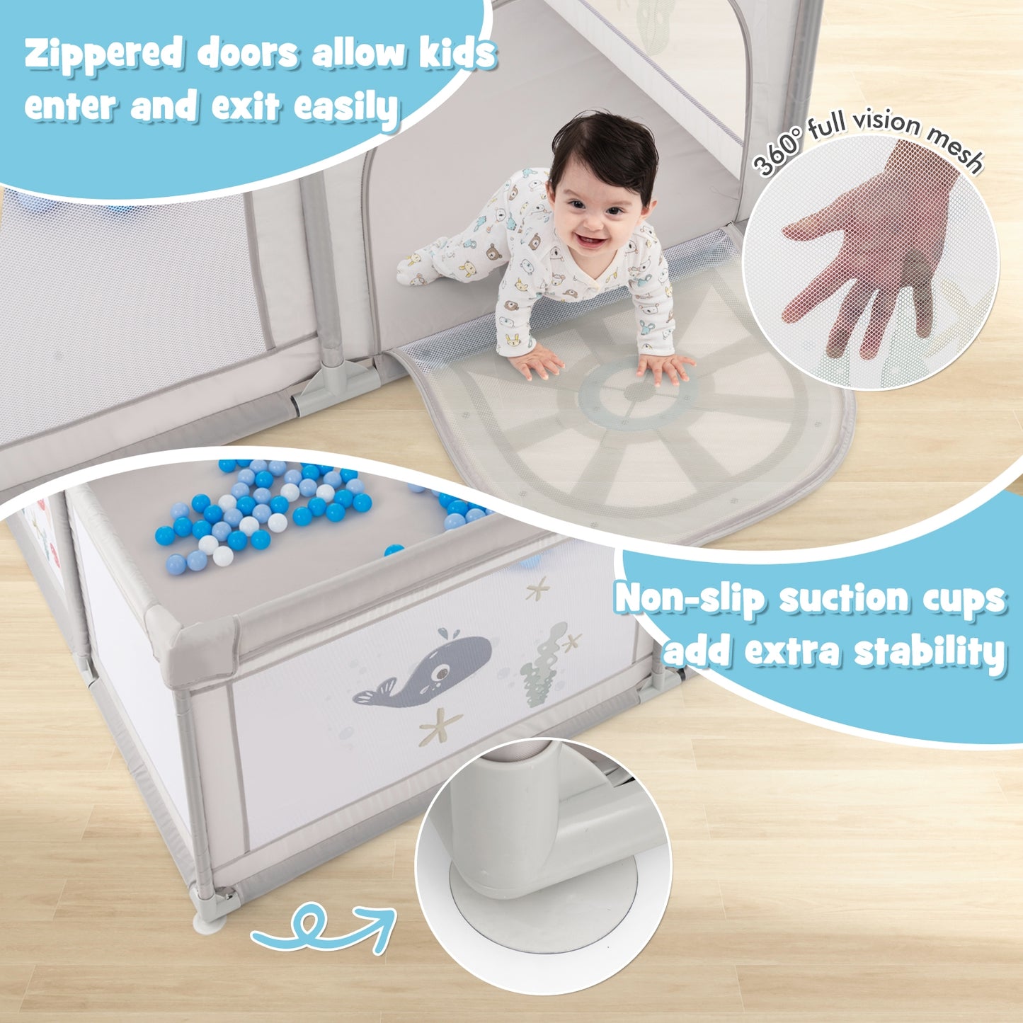 Large Baby Playpen with Pull Rings Ocean Balls and Cute Pattern-Whale Kids Crystal