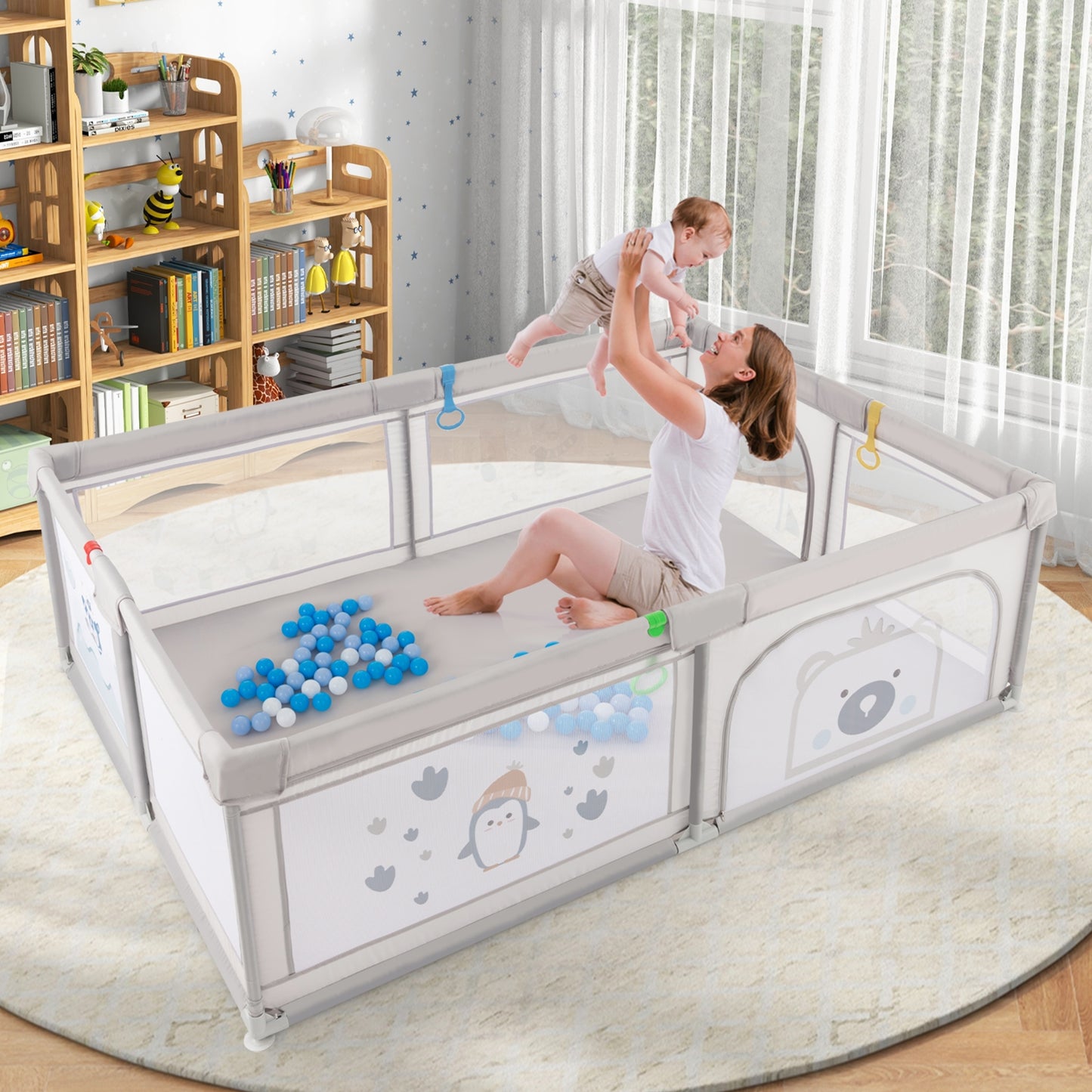Large Baby Playpen with Pull Rings Ocean Balls and Cute Pattern-Penguin Kids Crystal