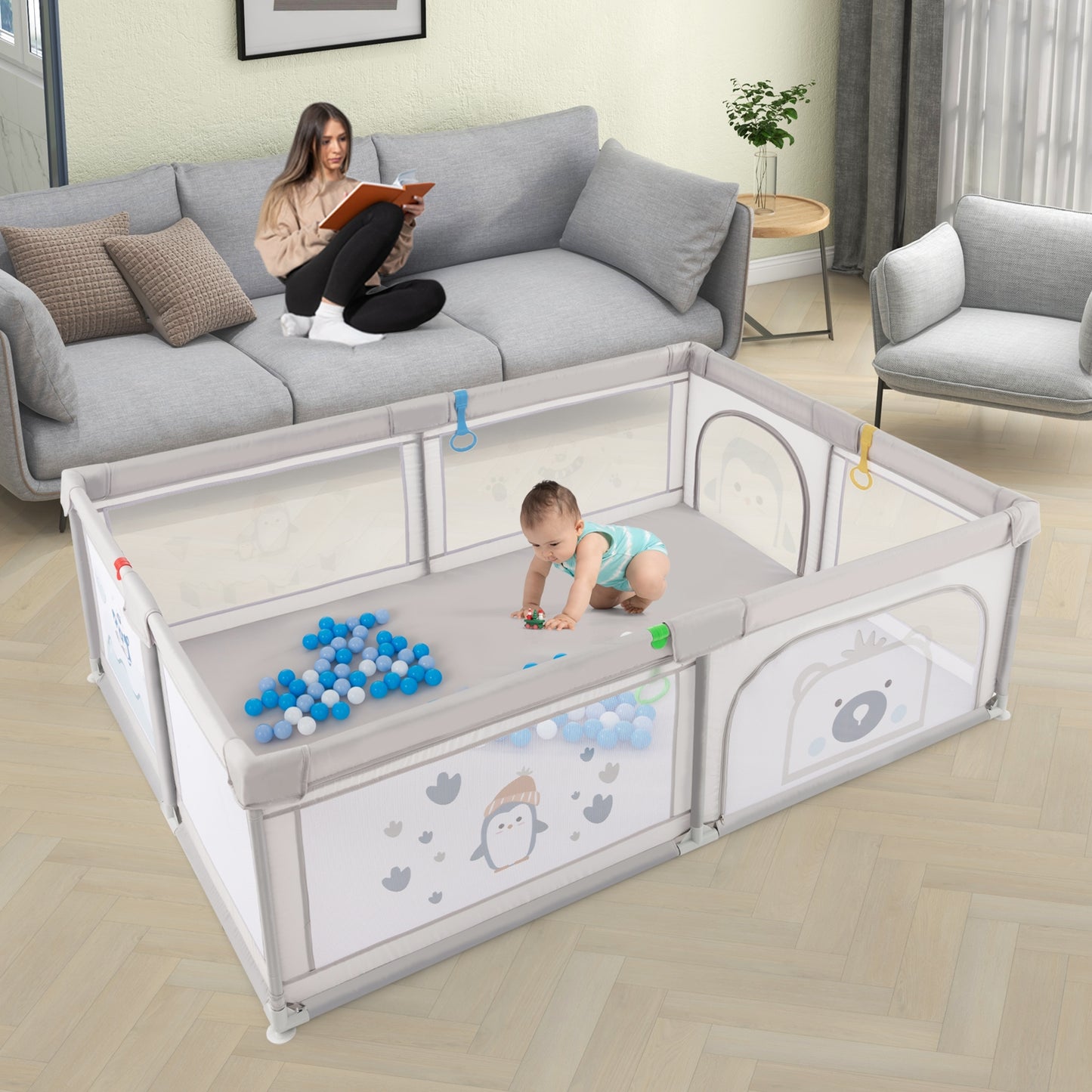Large Baby Playpen with Pull Rings Ocean Balls and Cute Pattern-Penguin Kids Crystal