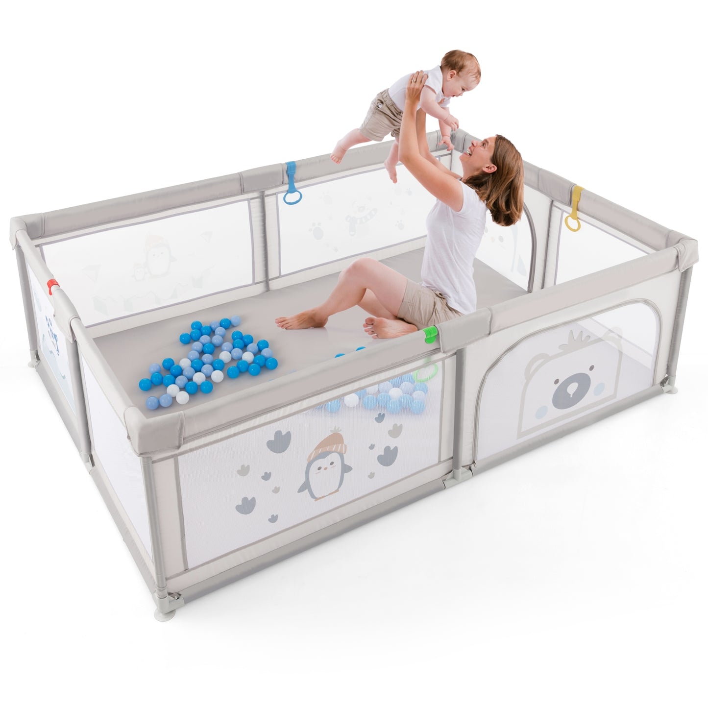 Large Baby Playpen with Pull Rings Ocean Balls and Cute Pattern-Penguin Kids Crystal