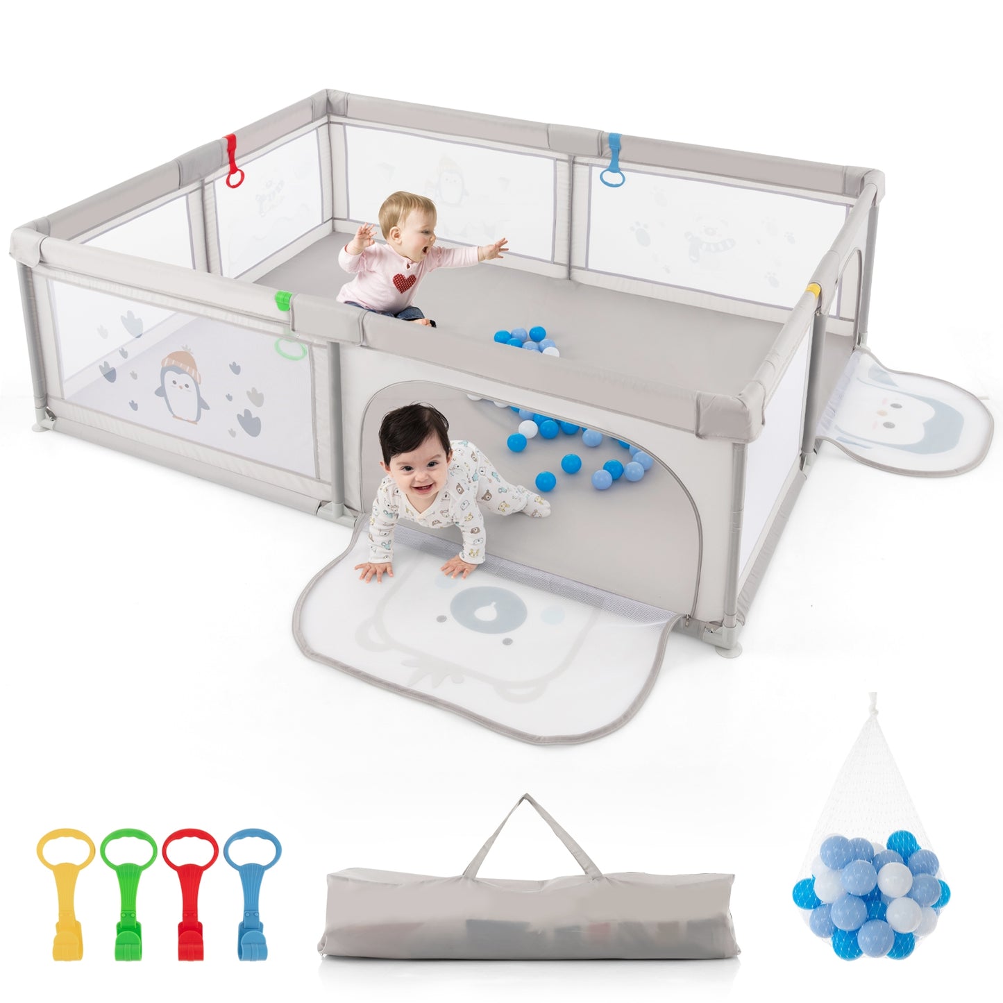 Large Baby Playpen with Pull Rings Ocean Balls and Cute Pattern-Penguin Kids Crystal