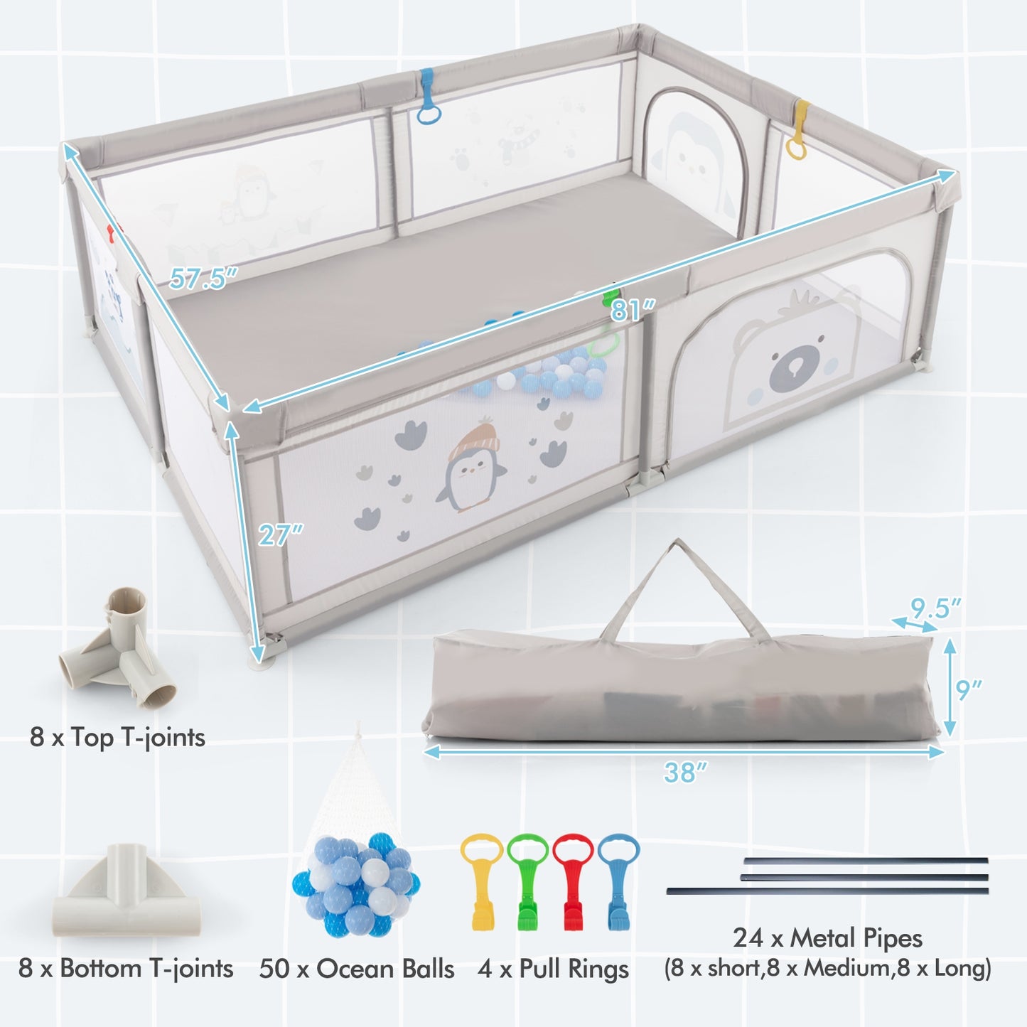 Large Baby Playpen with Pull Rings Ocean Balls and Cute Pattern-Penguin Kids Crystal