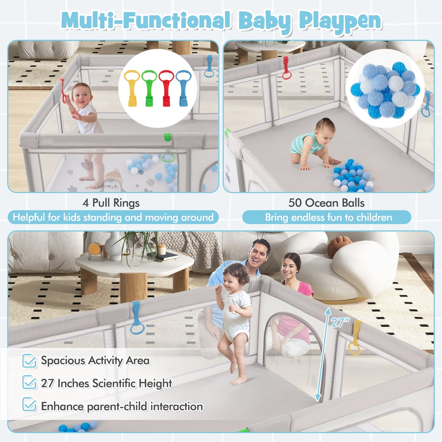 Large Baby Playpen with Pull Rings Ocean Balls and Cute Pattern-Penguin Kids Crystal