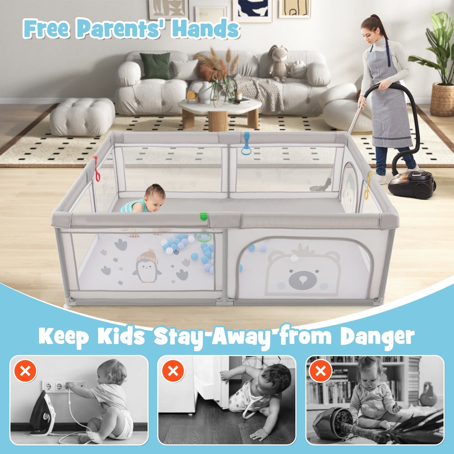 Large Baby Playpen with Pull Rings Ocean Balls and Cute Pattern-Penguin Kids Crystal