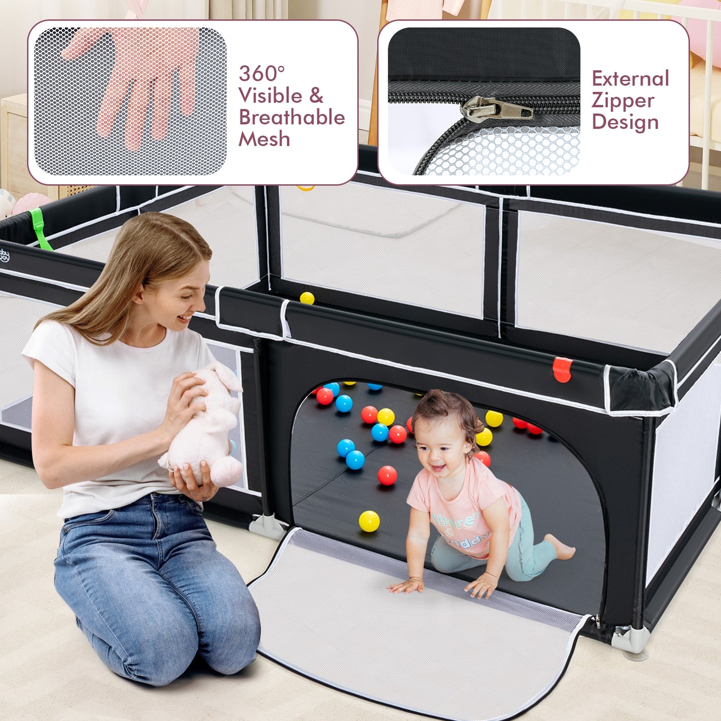 81 x 59 Inch Portable Baby Playpen with Ocean Balls and Handlebars-Black Kids Crystal