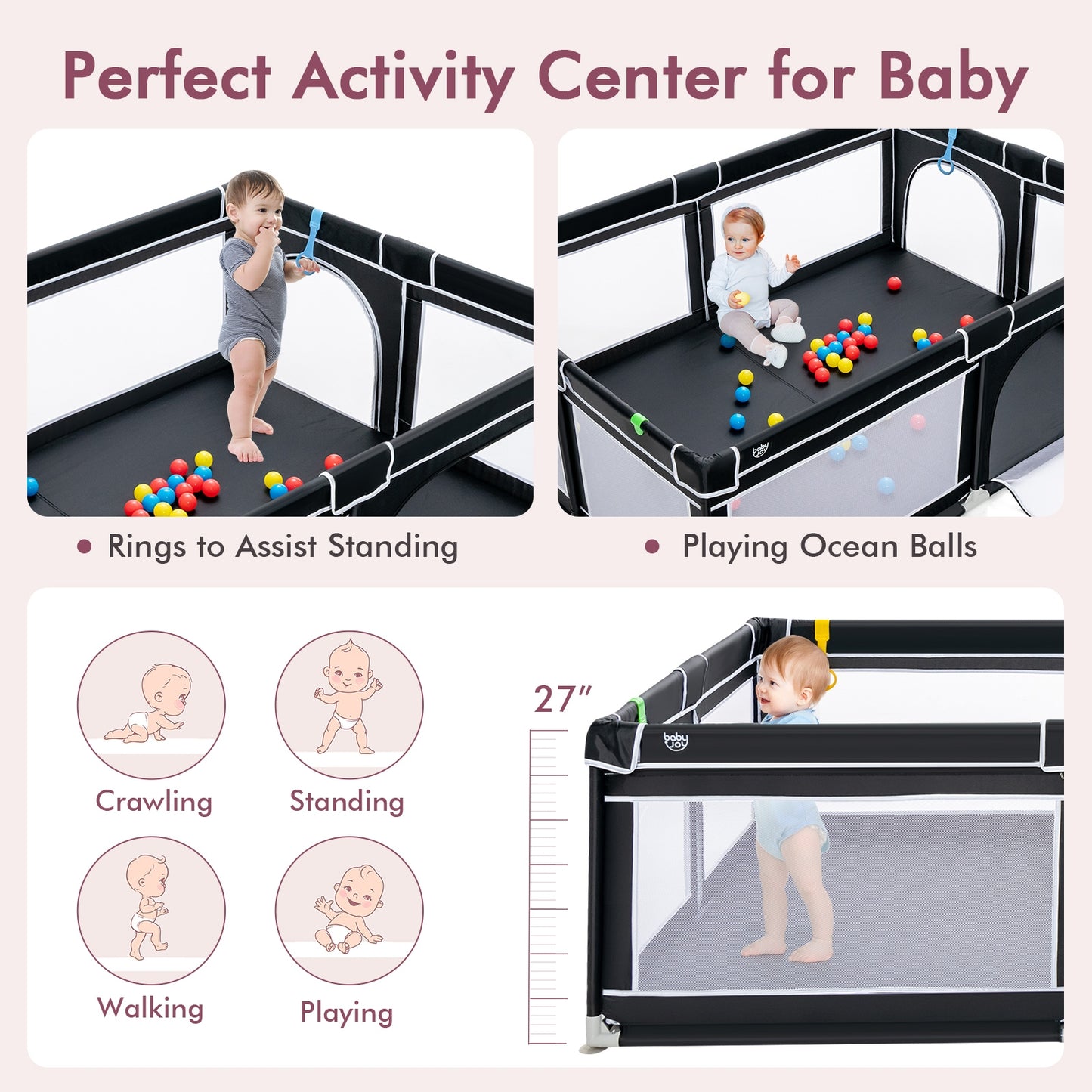 81 x 59 Inch Portable Baby Playpen with Ocean Balls and Handlebars-Black Kids Crystal