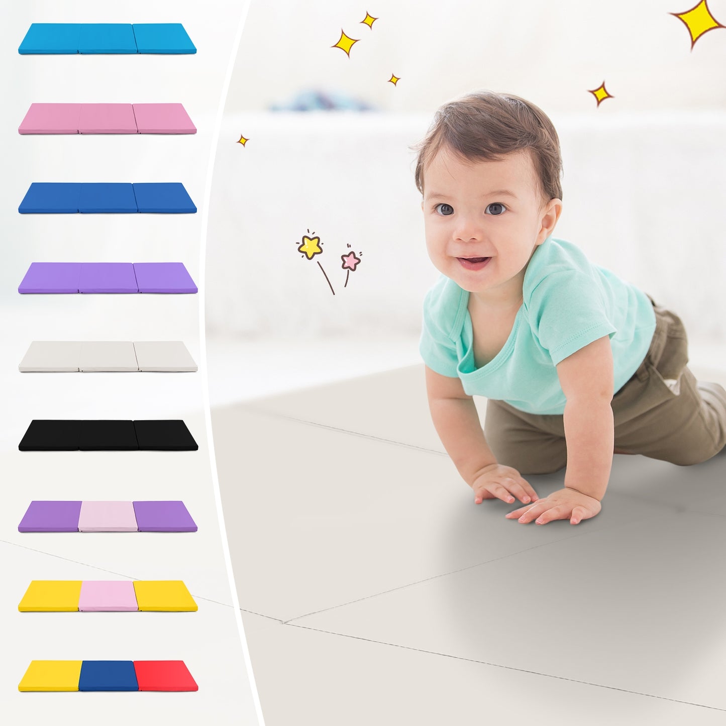 6 x 2 FT Tri-Fold Gym Mat with Handles and Removable Zippered Cover-Light Gray Kids Crystal