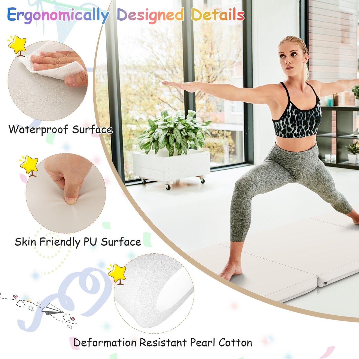 6 x 2 FT Tri-Fold Gym Mat with Handles and Removable Zippered Cover-Light Gray Kids Crystal