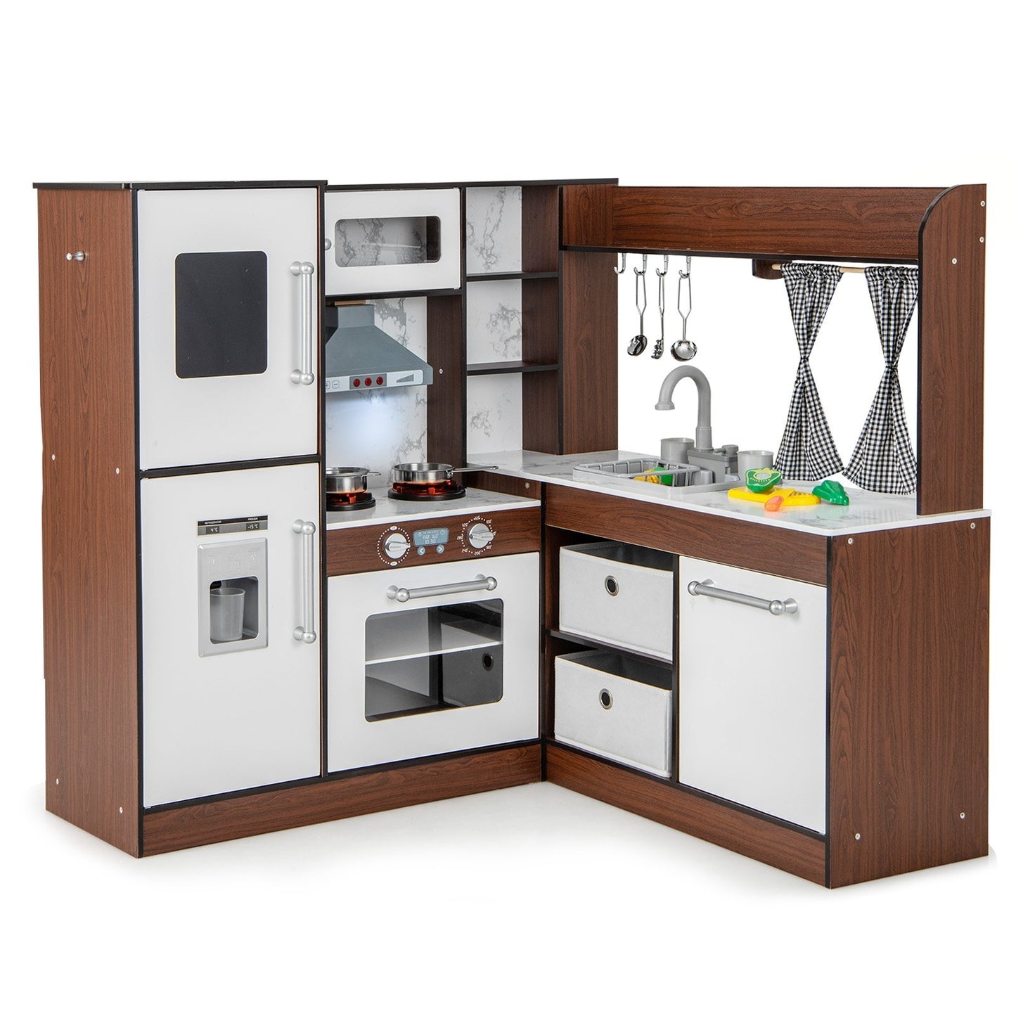 Wooden Corner Play Kitchen with Water Circulation System and Lights-Brown Kids Crystal