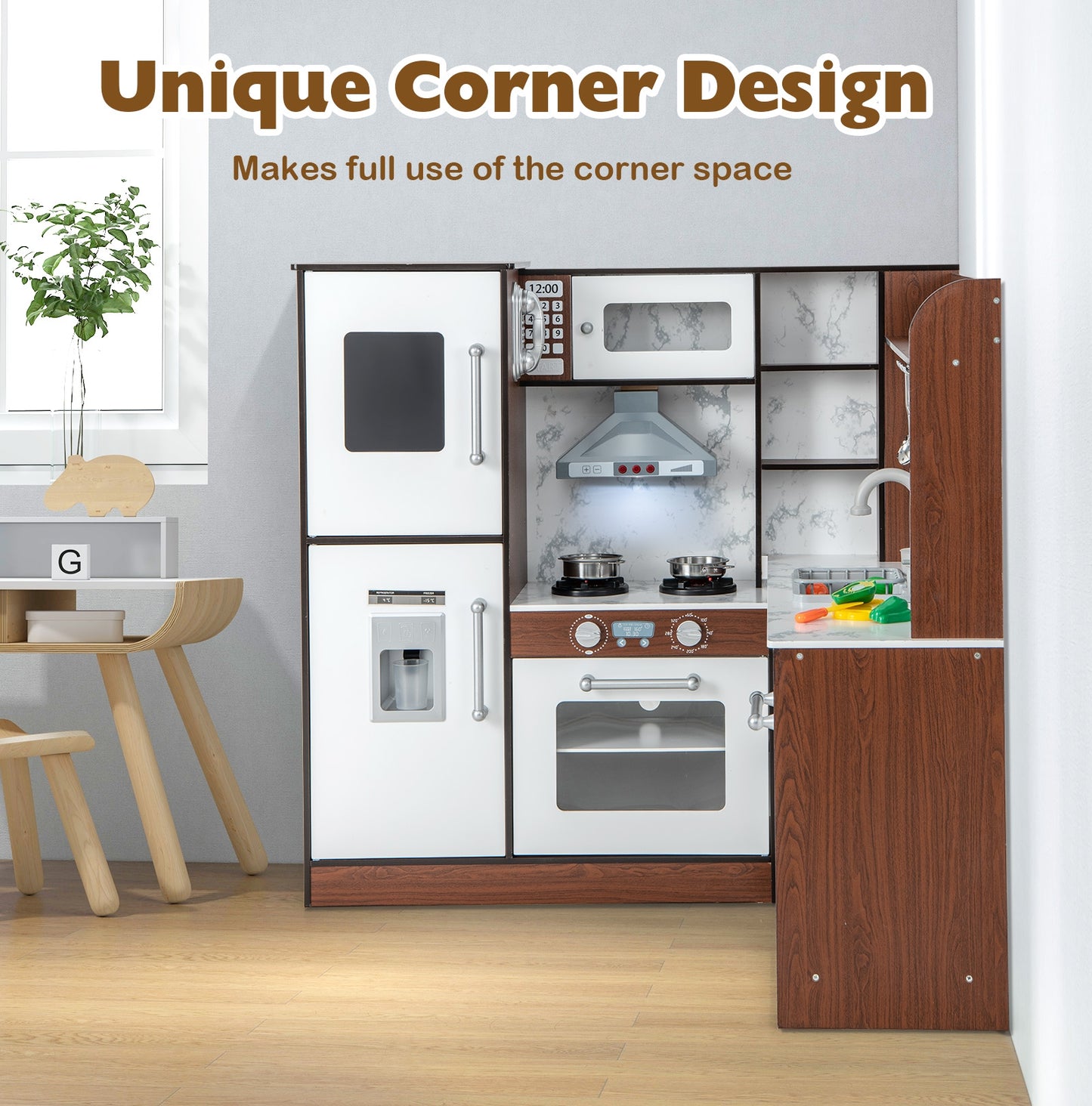Wooden Corner Play Kitchen with Water Circulation System and Lights-Brown Kids Crystal
