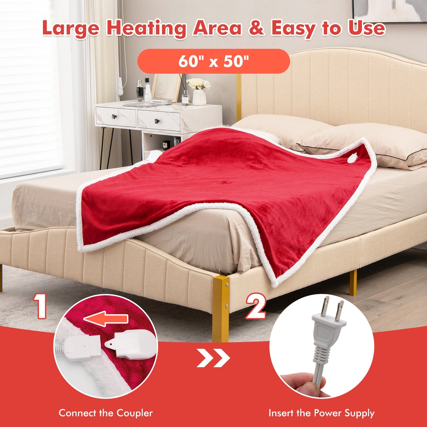 Electric Heated Blanket Throw Reversible Flannel and Sherpa Blanket-Red Kids Crystal