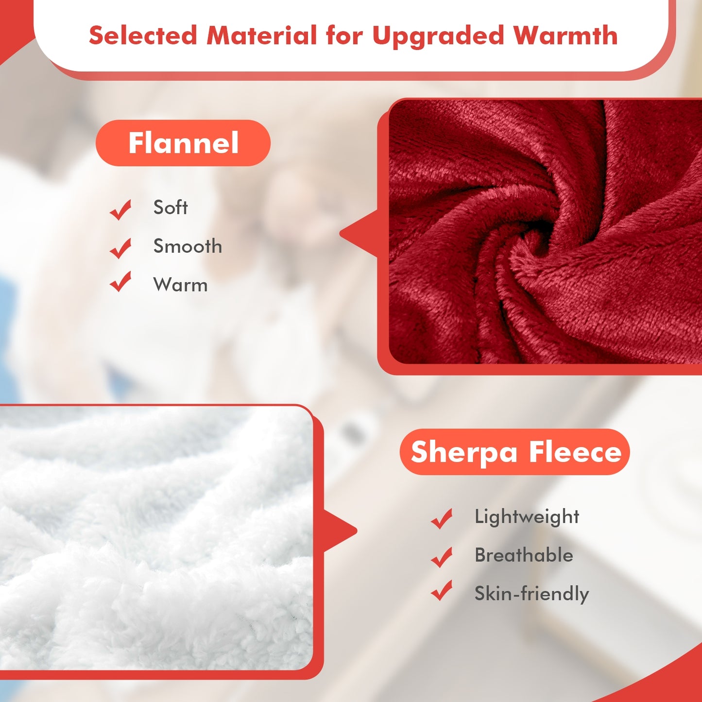 Electric Heated Blanket Throw Reversible Flannel and Sherpa Blanket-Red Kids Crystal