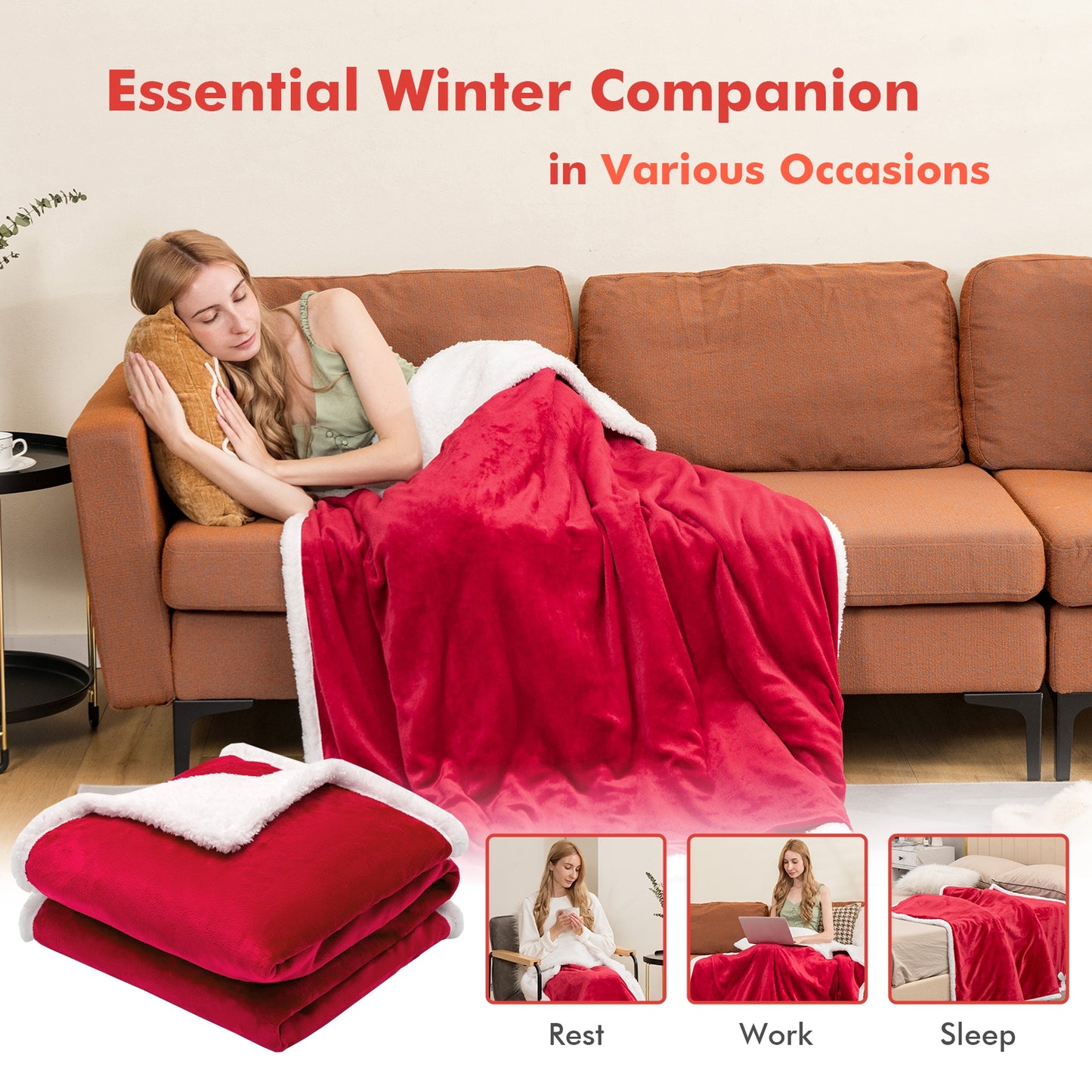 Electric Heated Blanket Throw Reversible Flannel and Sherpa Blanket-Red Kids Crystal