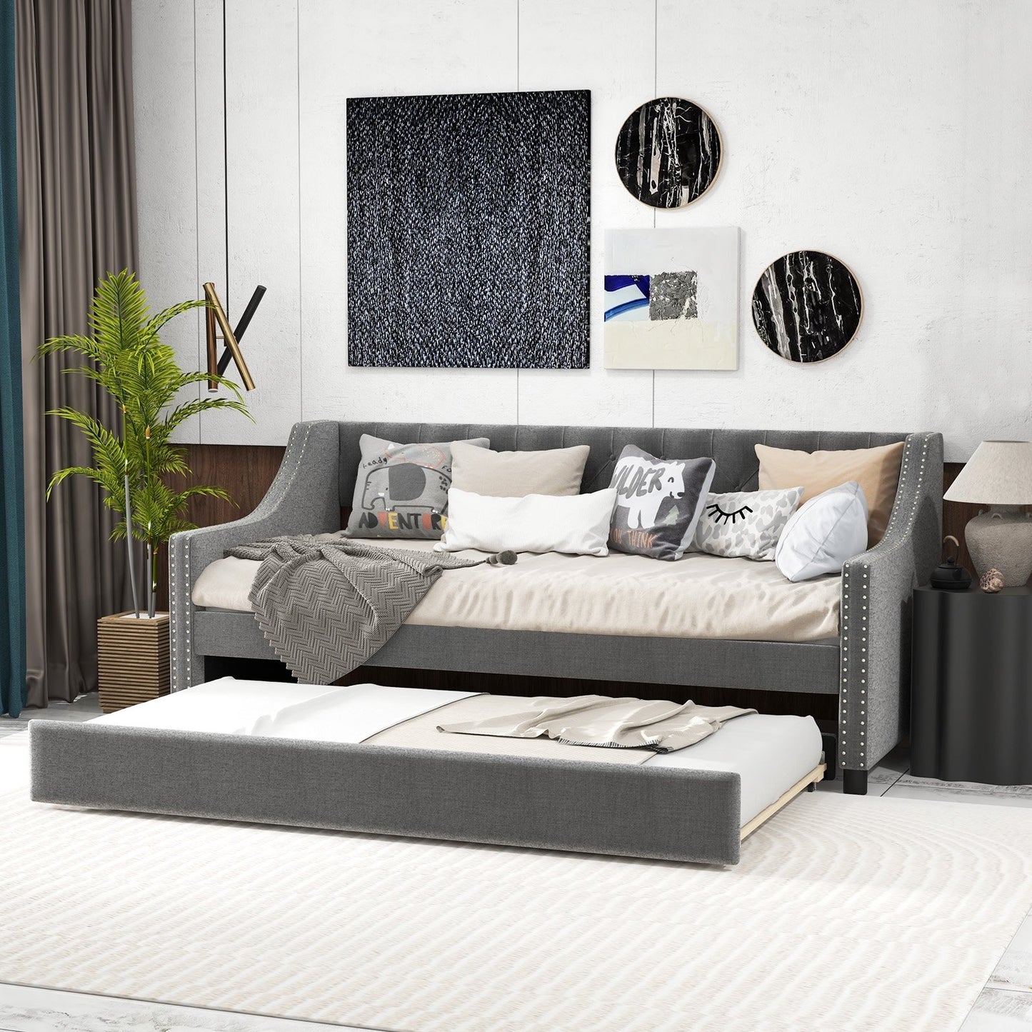 Twin Size Daybed with Trundle Sofa Bed with Curved Armrests and Backrest-Gray Kids Crystal