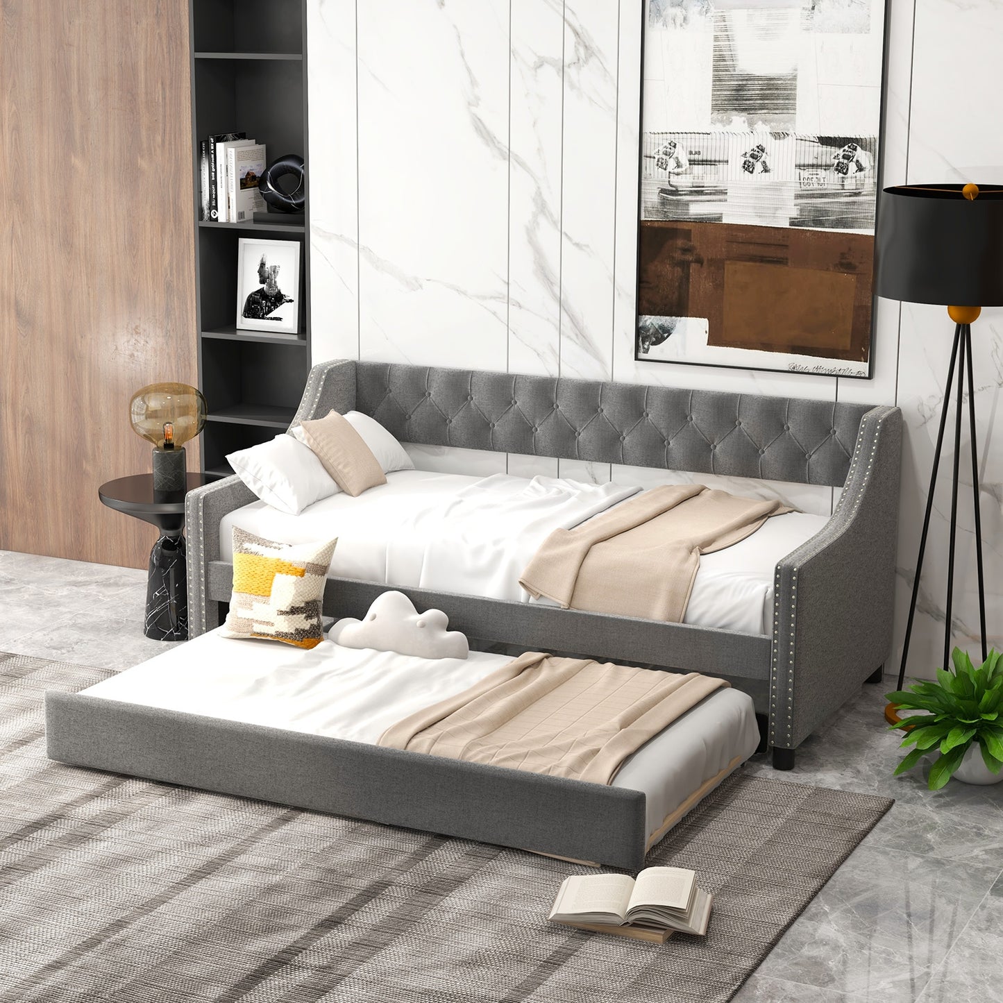 Twin Size Daybed with Trundle Sofa Bed with Curved Armrests and Backrest-Gray Kids Crystal