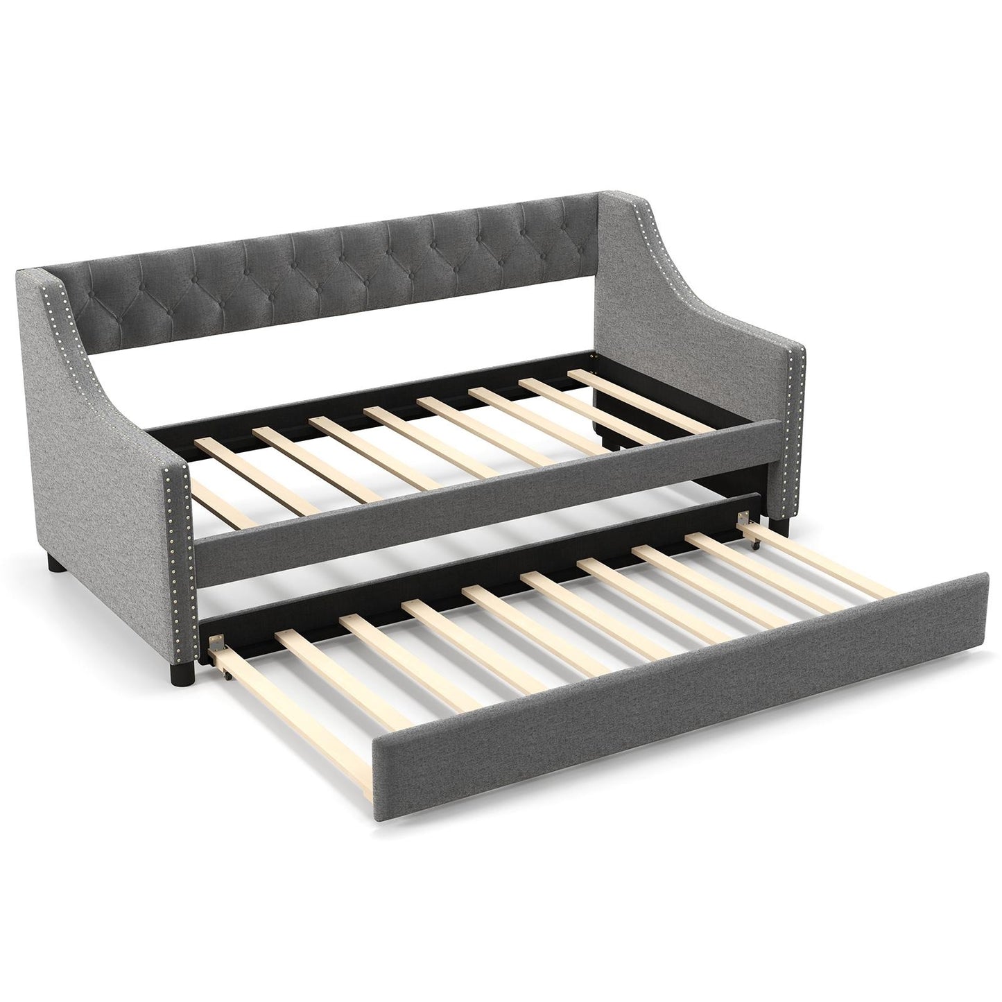 Twin Size Daybed with Trundle Sofa Bed with Curved Armrests and Backrest-Gray Kids Crystal