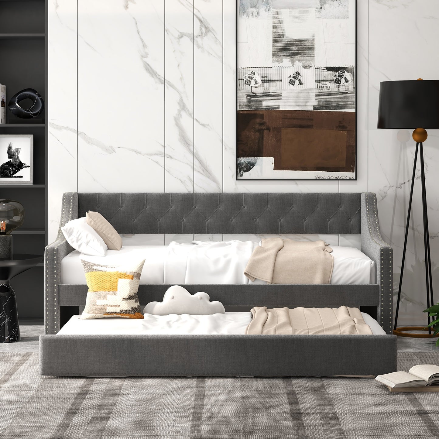 Twin Size Daybed with Trundle Sofa Bed with Curved Armrests and Backrest-Gray Kids Crystal