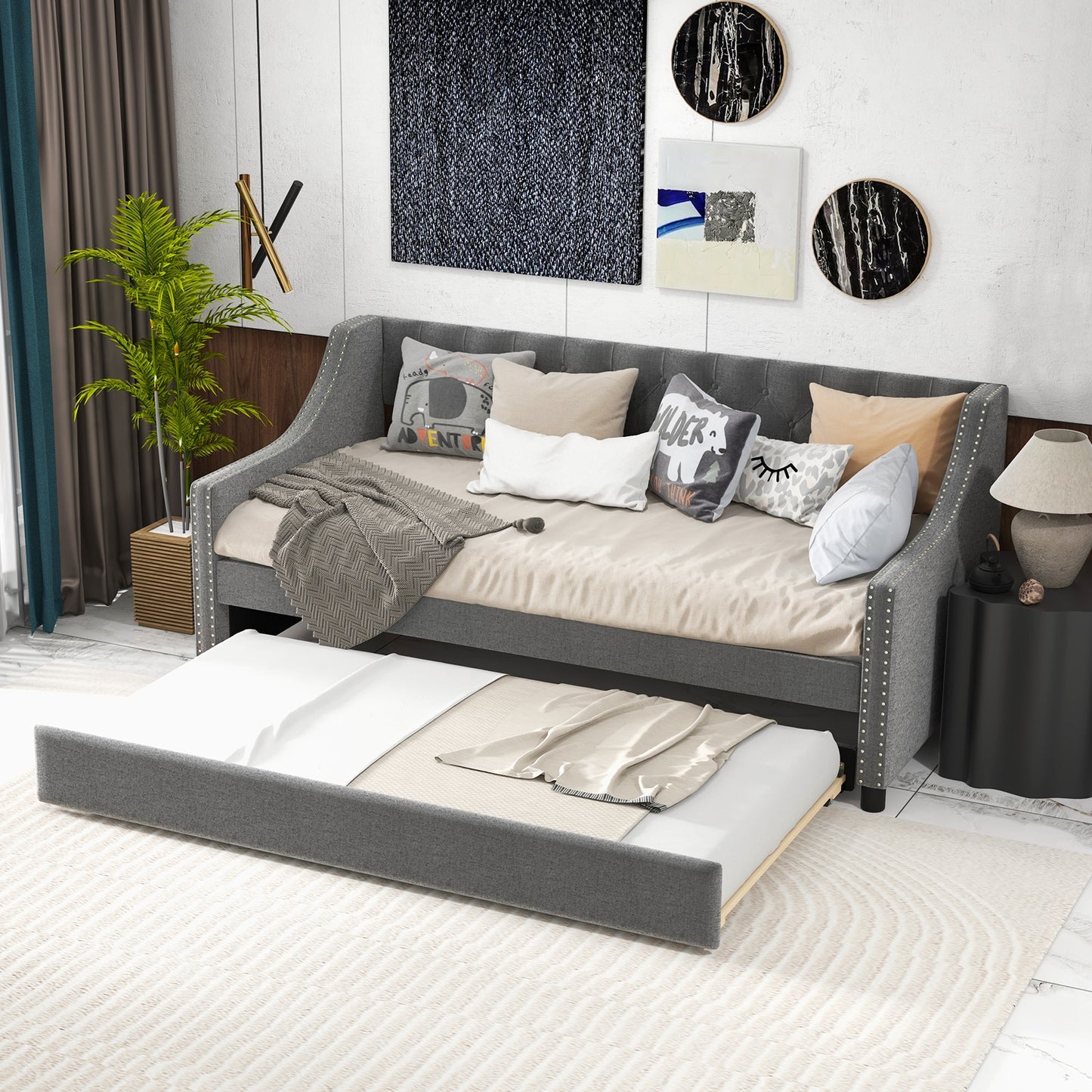 Twin Size Daybed with Trundle Sofa Bed with Curved Armrests and Backrest-Gray Kids Crystal