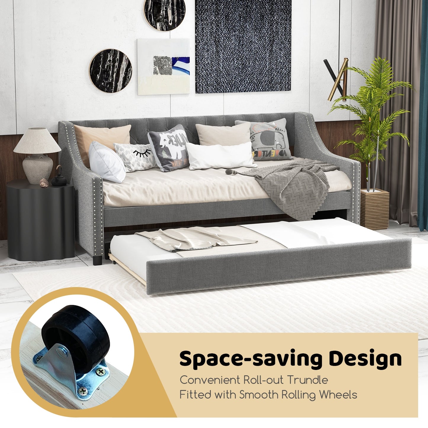 Twin Size Daybed with Trundle Sofa Bed with Curved Armrests and Backrest-Gray Kids Crystal