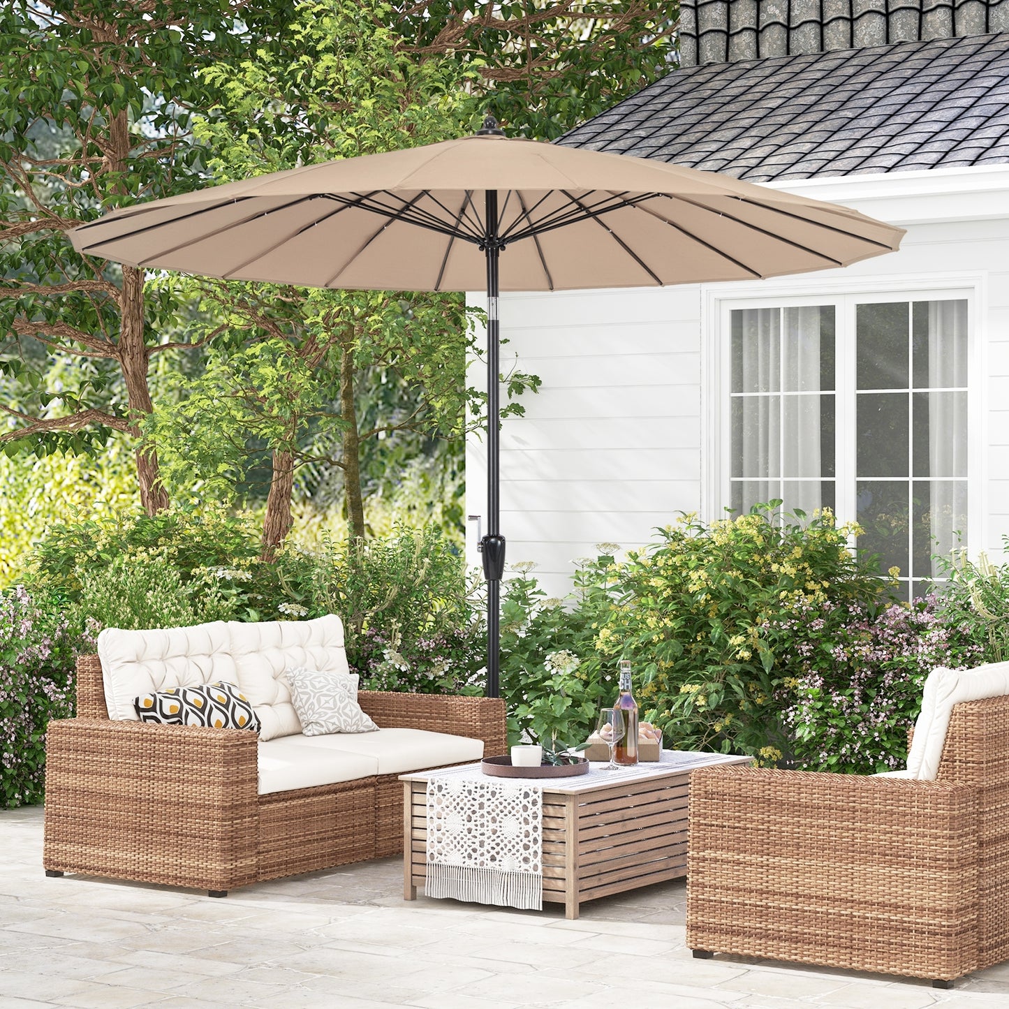 9 Feet Round Patio Umbrella with 18 Fiberglass Ribs-Tan Kids Crystal