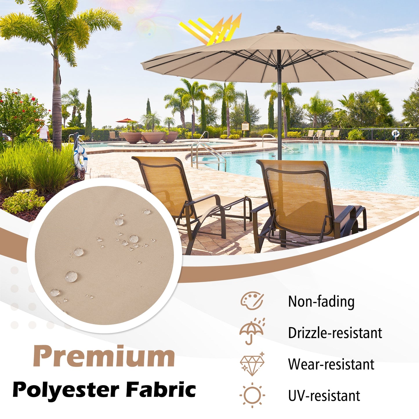 9 Feet Round Patio Umbrella with 18 Fiberglass Ribs-Tan Kids Crystal