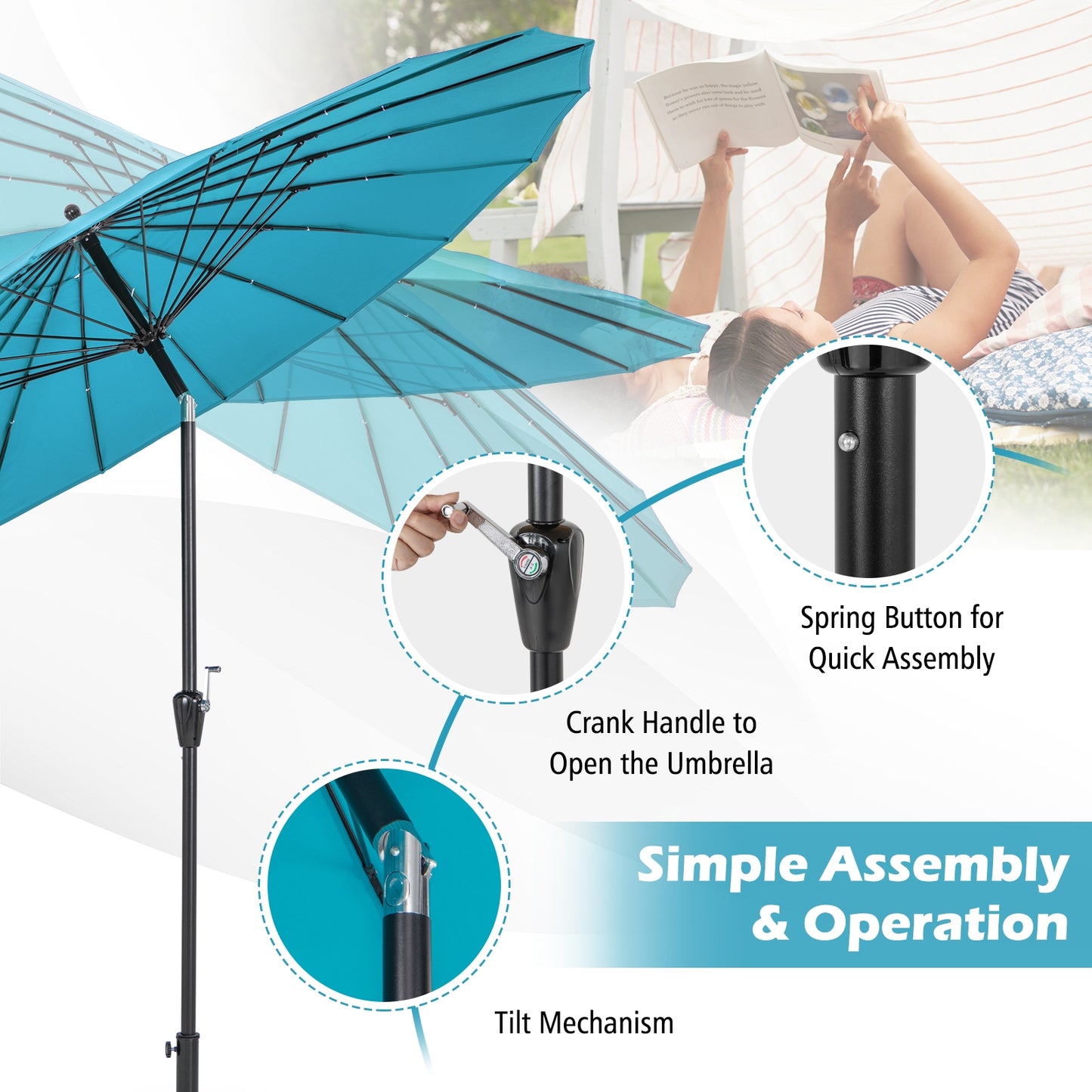 9 Feet Round Patio Umbrella with 18 Fiberglass Ribs-Turquoise Kids Crystal