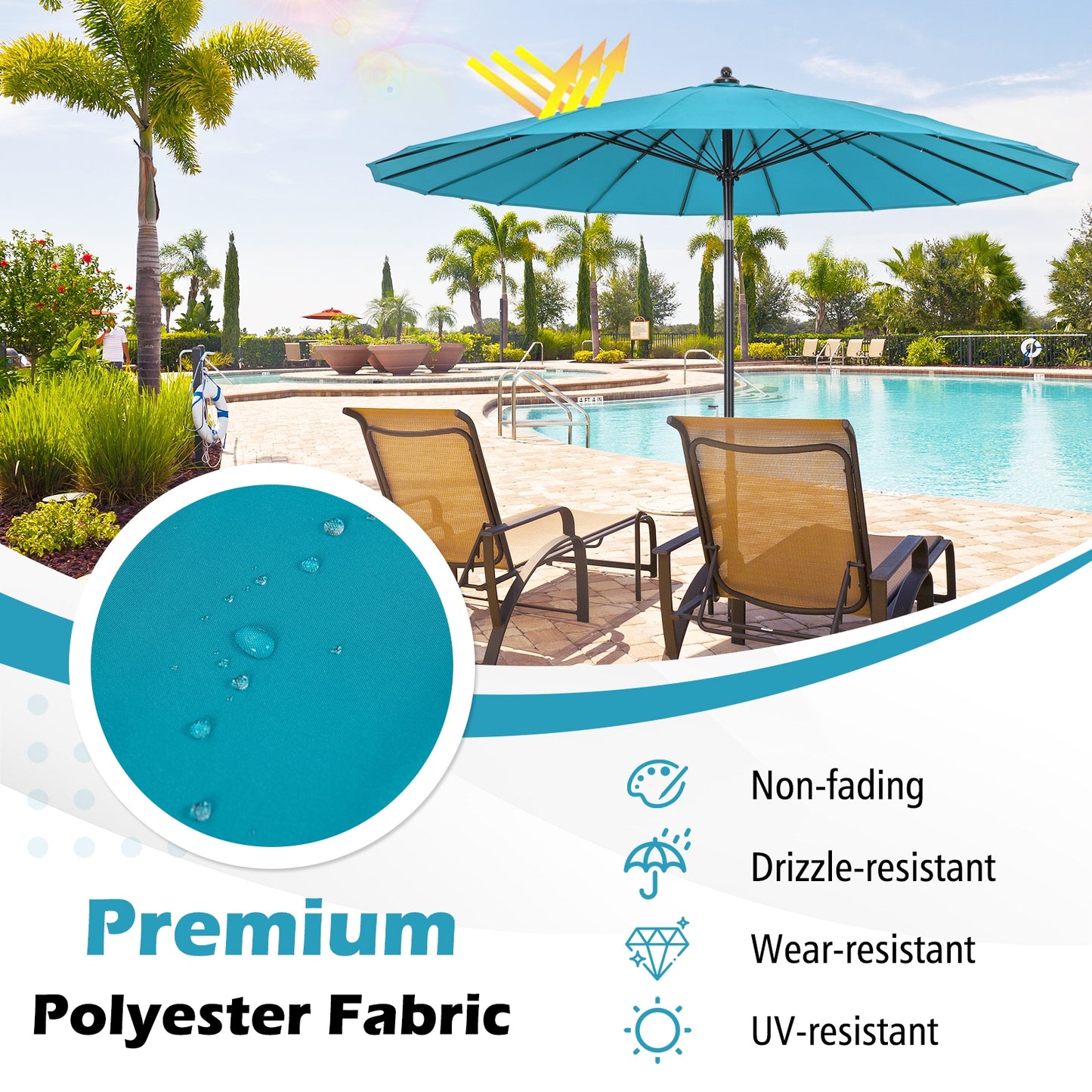 9 Feet Round Patio Umbrella with 18 Fiberglass Ribs-Turquoise Kids Crystal