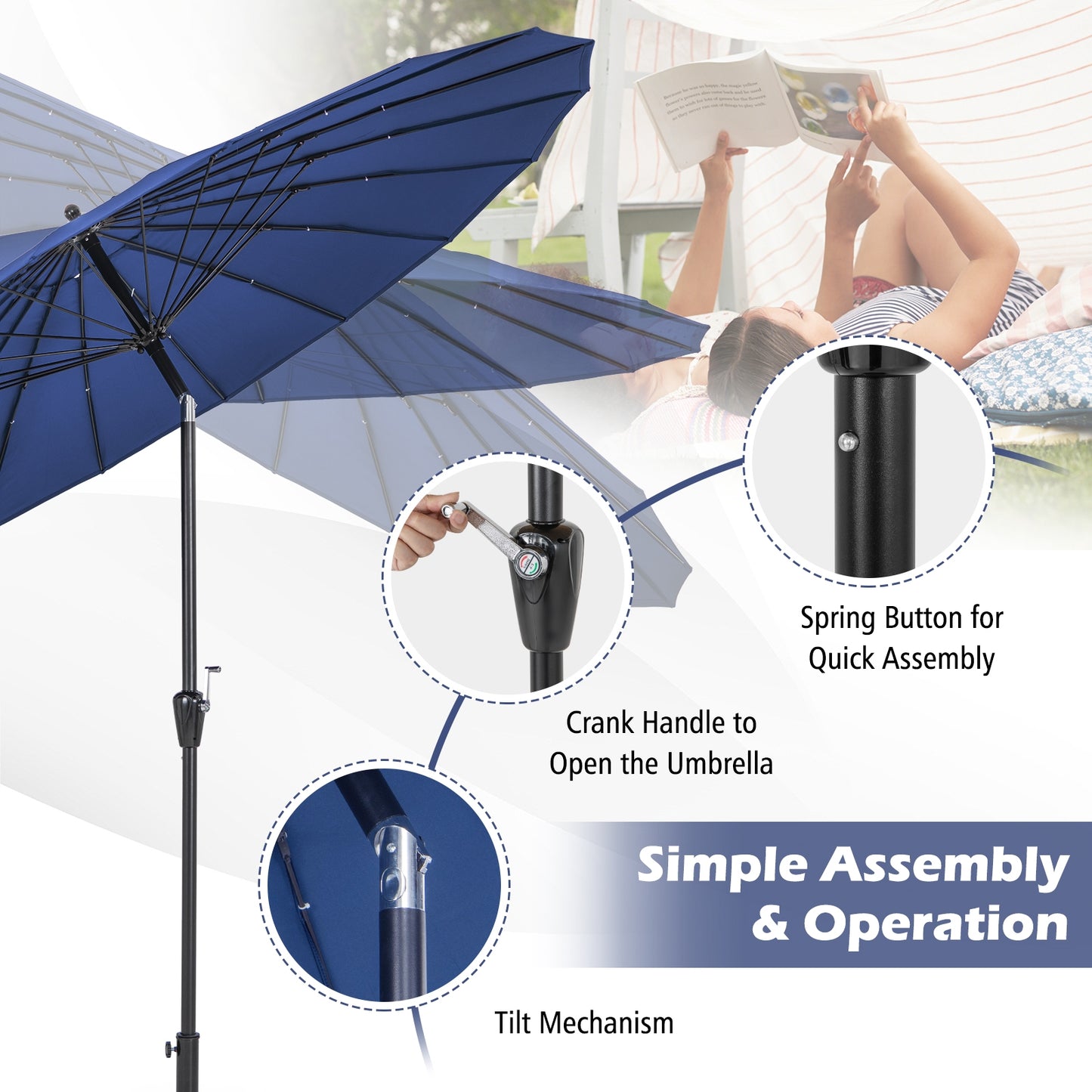 9 Feet Round Patio Umbrella with 18 Fiberglass Ribs-Navy Kids Crystal